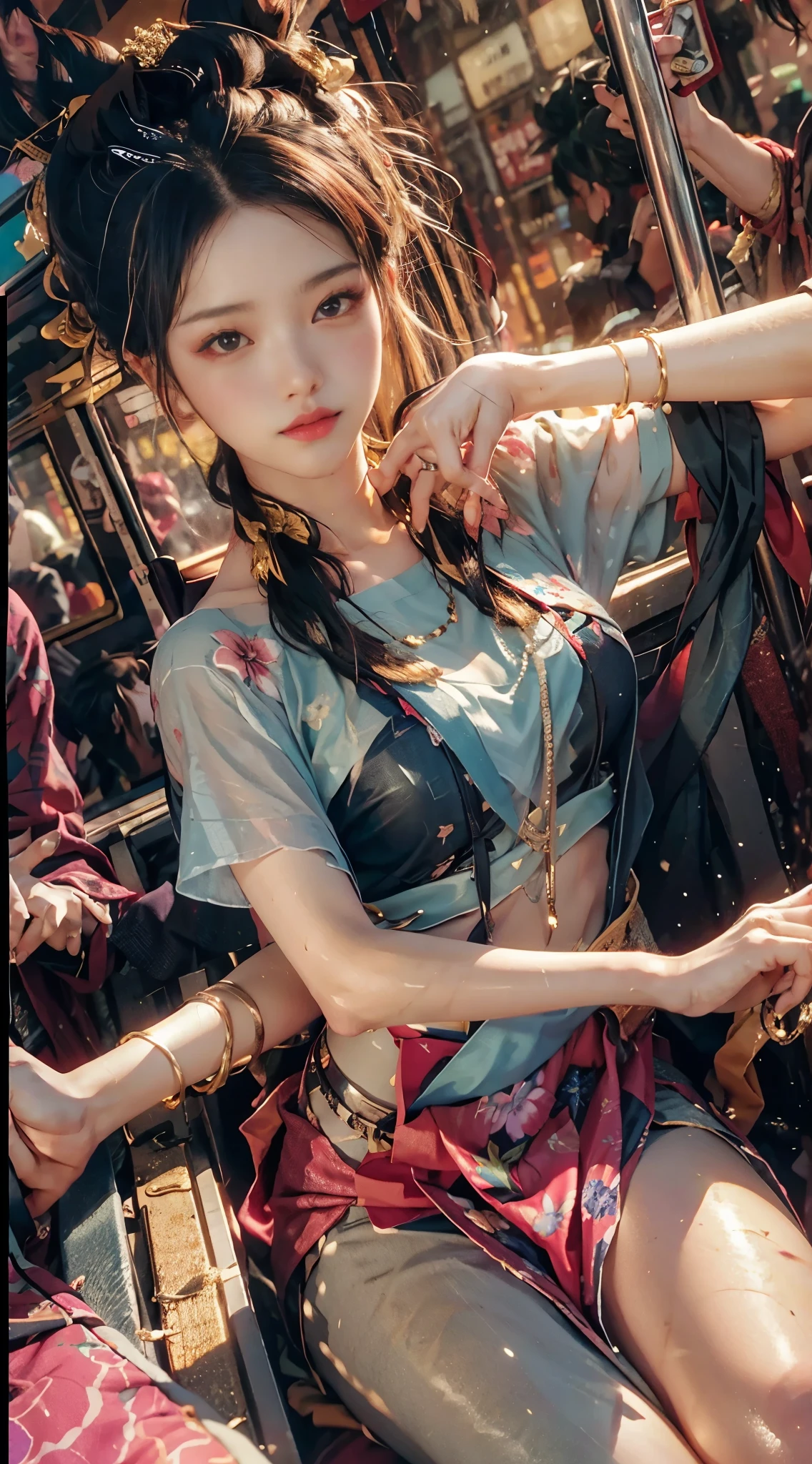 After work, home, on the way, on the bus, it's raining outside,vivid colors,High saturation,Highlight,Famous idol dancer beautiful girl,