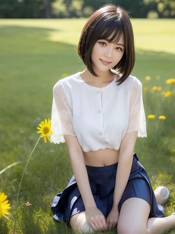(highest quality:1.5)、(Realistic:1.5)、(1 person:1.5)、Very detailed、High resolution、8k、medium breasts、Natural color lips、Cute Smile、Japanese women、20-year-old girl、Beautiful and elegant face、Perfect and beautiful face、Balanced big eyes、Brunette eyes、Beautiful and elegant face、Natural double eyelids、Natural Bangs、Beautiful thin nose、Beautiful Skin、(Medium Bob Hair)、Natural Bangs、Perfect and beautiful face、Slim face and figure、Summer blue sky、Grass park on the mountain、Look at the viewers、(White short-sleeved blouse), (navy pleated micro miniskirt)、Knee-high socks、Beautiful navel、Open the navel、The navel is visible、(Staring at the camera with a sweet smile)、Bright lighting、Professional Lighting、Forward lighting、Beautiful feet:1.2、Smooth Skin、Slim Body、Slim waistline、slim thin thighs、(Kneeling on the grass)、(Take a photo from slightly below)、Stand on one knee、A lawn with white clover blooming sparsely、Dandelions are blooming sparsely on the lawn、(Large ribbon on the chest)、