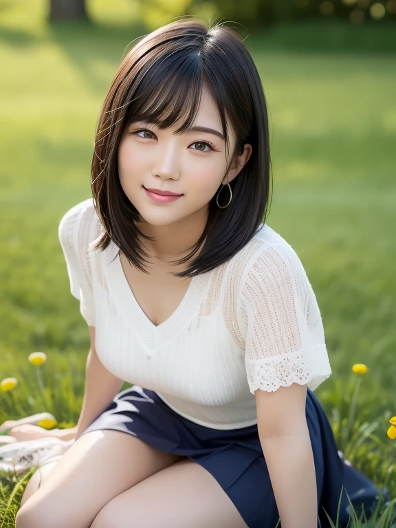 (highest quality:1.5)、(Realistic:1.5)、(1 person:1.5)、Very detailed、High resolution、8k、medium breasts、Natural color lips、Cute Smile、Japanese women、20-year-old girl、Beautiful and elegant face、Perfect and beautiful face、Balanced big eyes、Brunette eyes、Beautiful and elegant face、Natural double eyelids、Natural Bangs、Beautiful thin nose、Beautiful Skin、(Medium Bob Hair)、Natural Bangs、Perfect and beautiful face、Slim face and figure、Summer blue sky、Grass park on the mountain、Look at the viewers、(White short-sleeved blouse), (navy pleated micro miniskirt)、Knee-high socks、Beautiful navel、Open the navel、The navel is visible、(Staring at the camera with a sweet smile)、Bright lighting、Professional Lighting、Forward lighting、Beautiful feet:1.2、Smooth Skin、Slim Body、Slim waistline、slim thin thighs、(Kneeling on the grass)、(Take a photo from slightly below)、Stand on one knee、A lawn with white clover blooming sparsely、Dandelions are blooming sparsely on the lawn、(Large ribbon on the )、