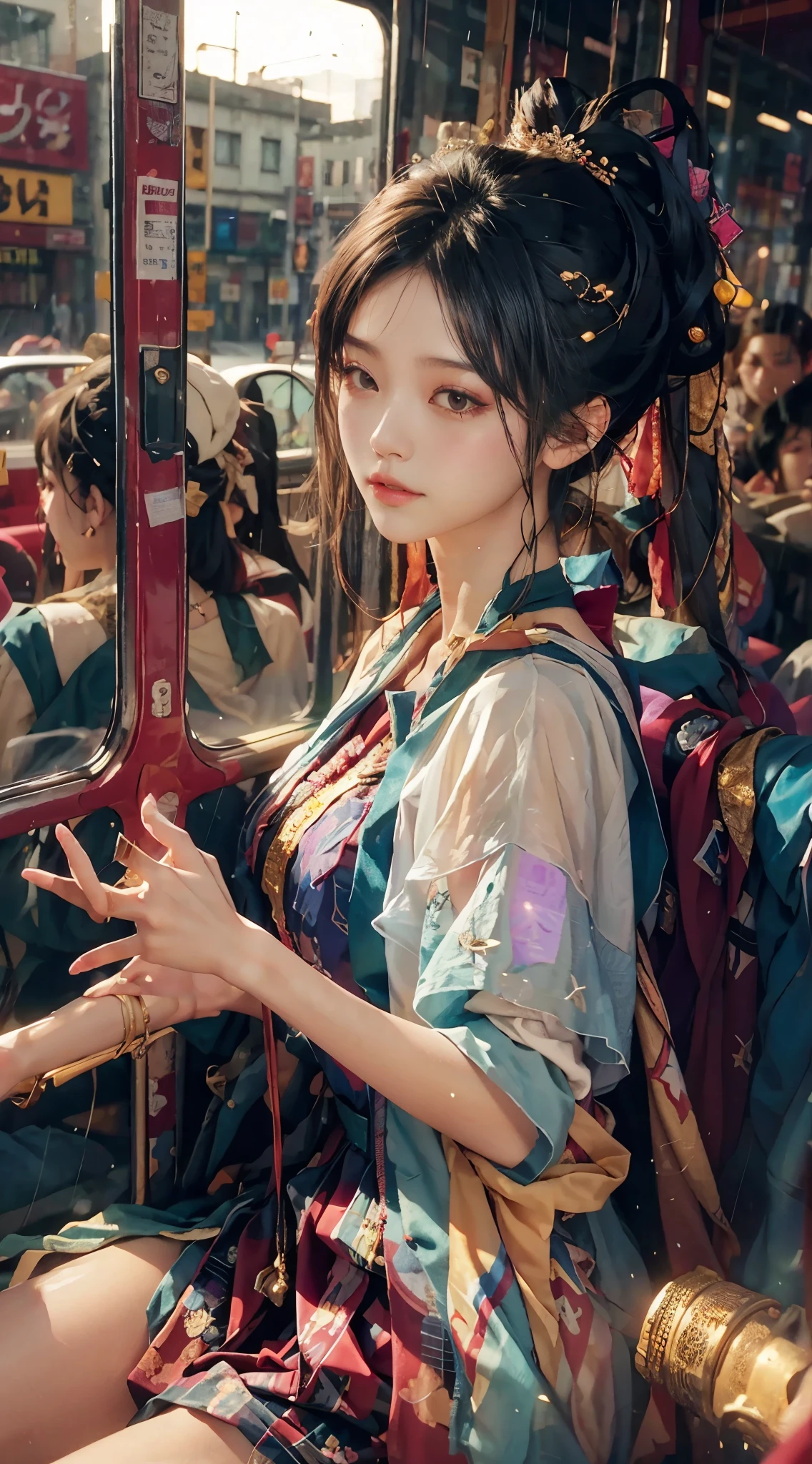 After work, home, on the way, on the bus, it's raining outside,vivid colors,High saturation,Highlight,Famous idol dancer beautiful girl,