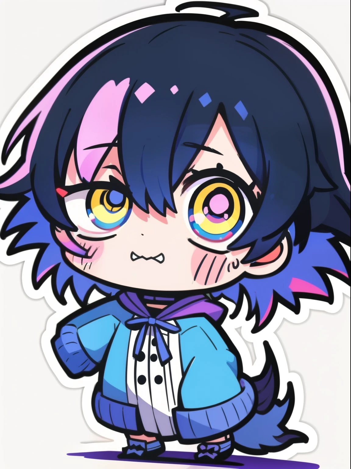 masterpiece, best quality, male character, black hair, messy hair, tousled hair, blue left eye, yellow right eye, heterochromia, fluffy hair, spooky, horror house, portrait, idol, Kagekata Mika, Kagehira mika, bright, stylized character design, high quality character design, detailed character design, great character design, male, highly detailed outfit, alternative, frontage, lateral face, lovely boy, perfect face, detailed eyes, elegant, pretty man, facing camera, pretty, handsome, detailed background, original, rgkg, slim, , pointed teeth, portrait, ensemble stars, idol, model, slim, handsome male, bokeh, unique lighting, colourful shading, brightly coloured, bold colours, bold lines, dynamic, posing, cute accessories, creepy accessories, harajuku, strings, injuries on arms, very skinny, menhera, cuts, creepy, spooky, horror, blank details, streetwear, modern clothing, holographic jacket, male, short hair, wolf cut hair, young man, glitchy, tired eyes, scary eyes, bold line drawing