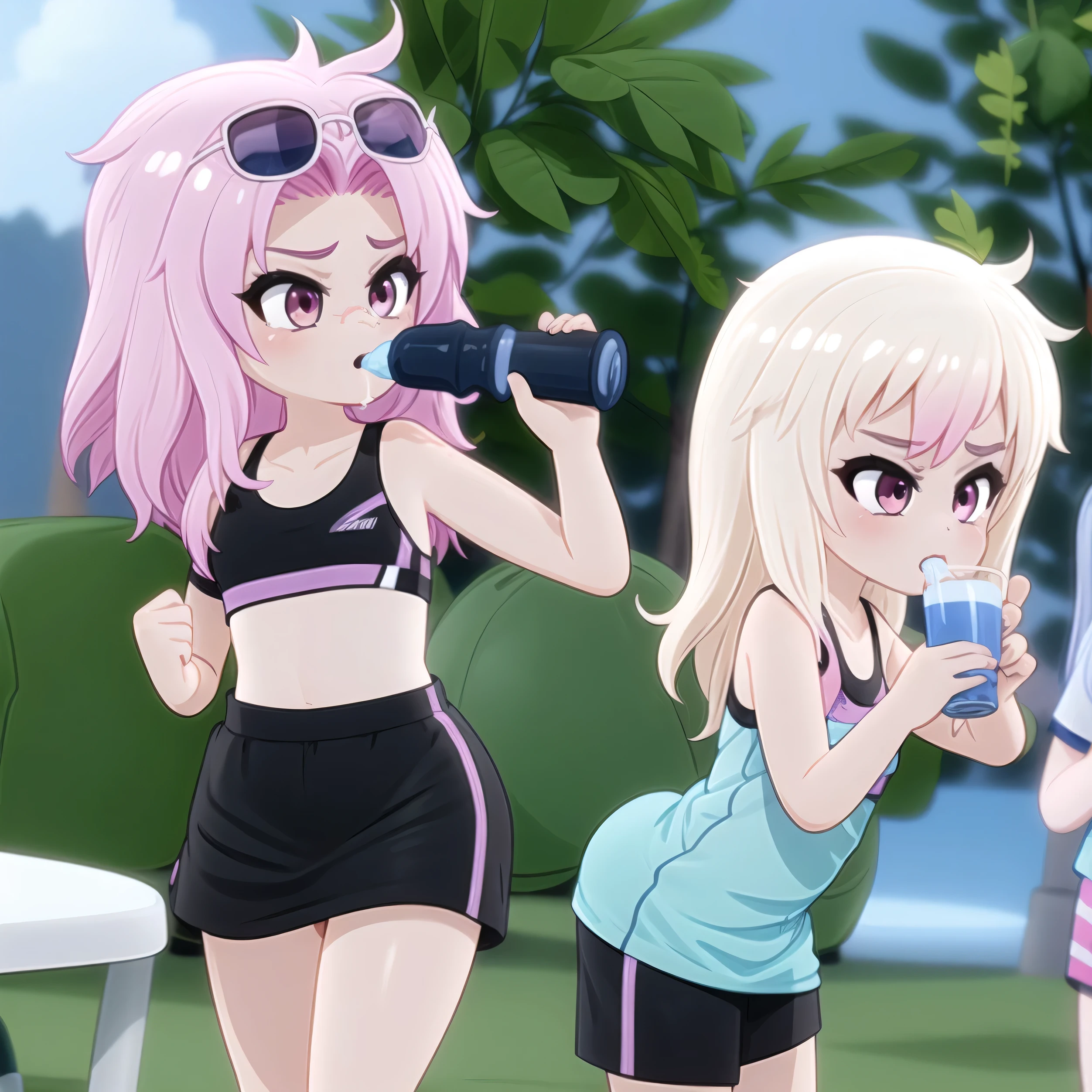 By mantis-x, young girls, black skirt, sports bra, pussy juice, pleasured,  butt, horny, sexy, pink hair, sunglasses, drinking water