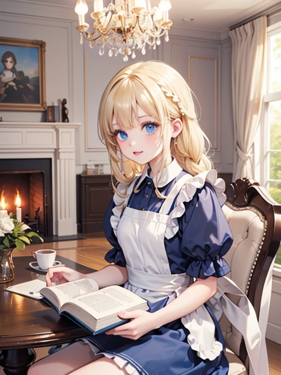 (8k, highest quality, Tabletop:1.2)、Artwork, figure, Ultra-high resolution、Alice in Wonderland, One ****************, Detailed face、blue eyes, Blonde, Braid, Blue Dress, White apron, Clothes with bulging sleeves, Long skirt, room with fireplace, chandelier, Sit on a chair, I read a book