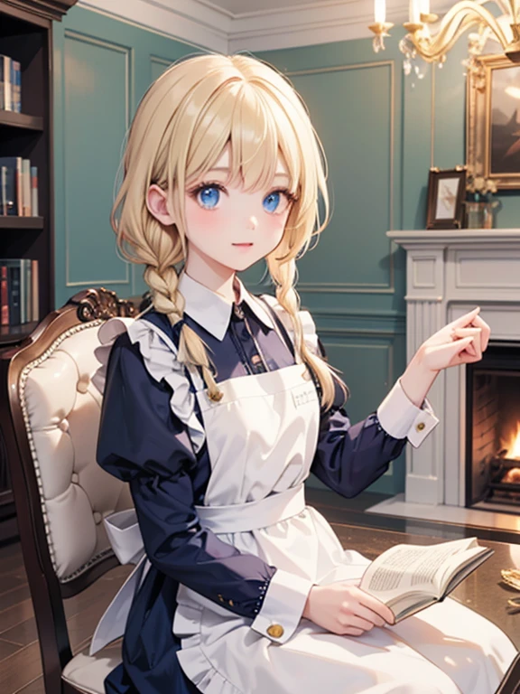 (8k, highest quality, Tabletop:1.2)、Artwork, figure, Ultra-high resolution、Alice in Wonderland, One ****************, Detailed face、blue eyes, Blonde, Braid, Blue Dress, White apron, Clothes with bulging sleeves, Long skirt, room with fireplace, chandelier, Sit on a chair, I read a book