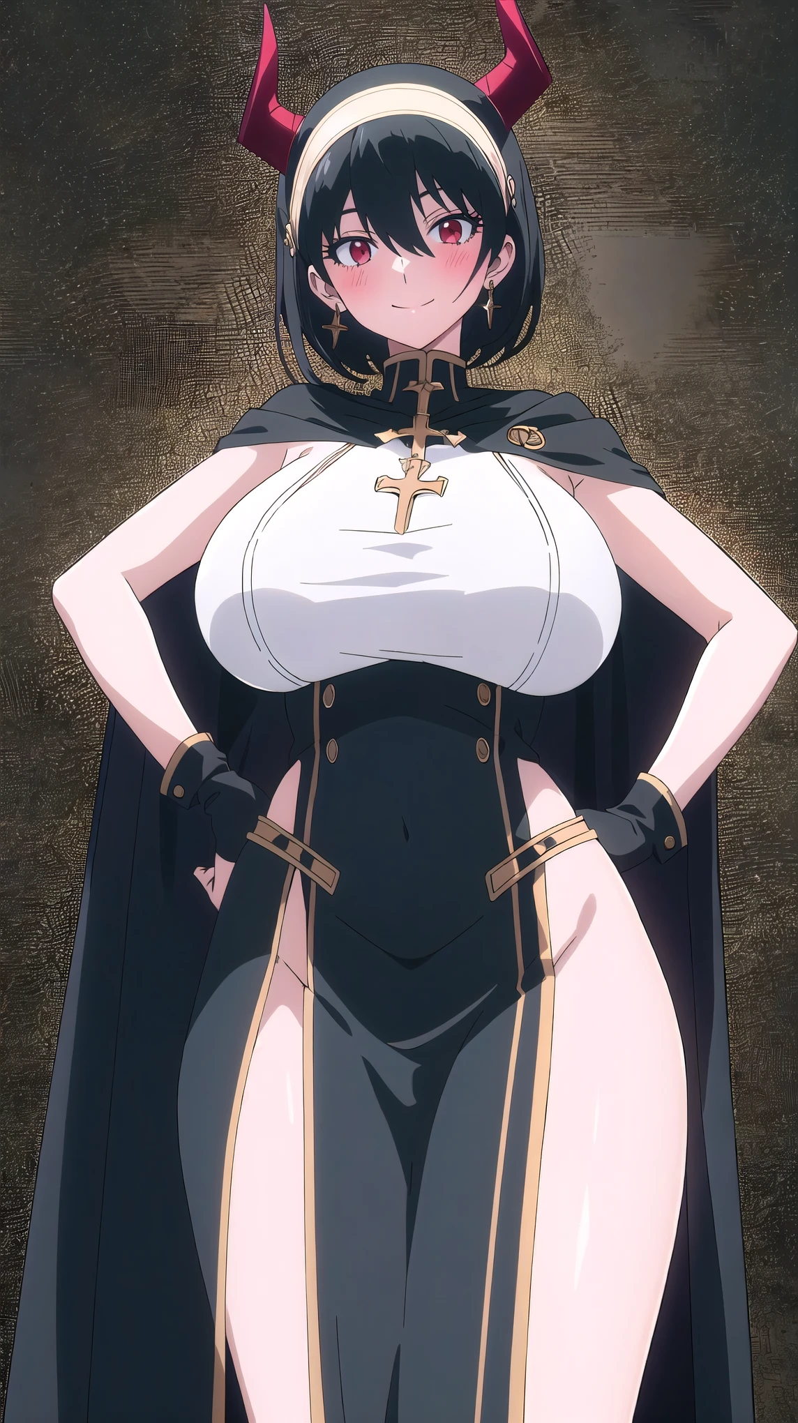Masterpiece, beautiful details, perfect focus, smooth 8K wallpaper, 4320p, high resolution, exquisite texture in every detail, perfect eyes very high detailed, perfect pupils, sclera_eyes_detail, eyes:1.2, human anatomy correct, pastel, hyper_detailed:1.5, (masterpiece), (picture-perfect:1.4), photo, portrait, 8k, UHD, high_resolution, very_high_resolution, yor, 1girl, solo, short_hair, breasts, looking at viewer, blush, smile, bangs, skirt, (((gigantic_breasts))), large breasts, detailed background, gloves, room Japanese background, hair between eyes, bare shoulders, jewelry, sitting, short hair, closed mouth, (((red eyes))), black hair, earrings, horns, black gloves, elbow gloves, black skirt, cape, streaked hair, covered navel, skindentation, open legs, legs_spread, cross, demon horns, impossible clothes, underbust, black cape, bodystocking, cross-laced clothes, iron cross, cross earrings, breast curtains, ((well drawn and drawn: 0.8)), ((((hands on hips)))),anime