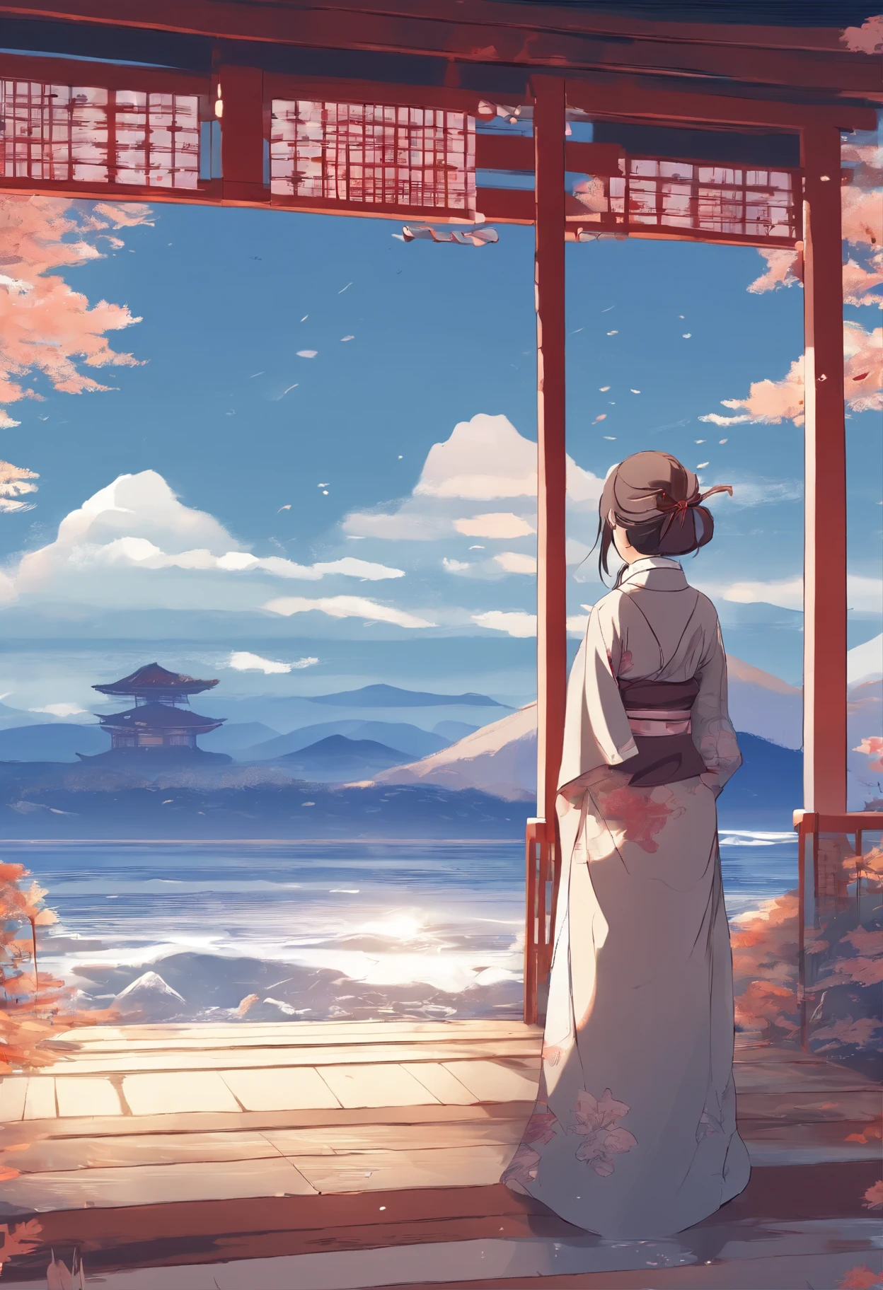 Illustration style、Ukiyo-e、Showa Anime、Woman facing this way、Japanese、The morning sun is shining in the background、Shinkai Makoto style、The season is winter、I can see the sea in the distance