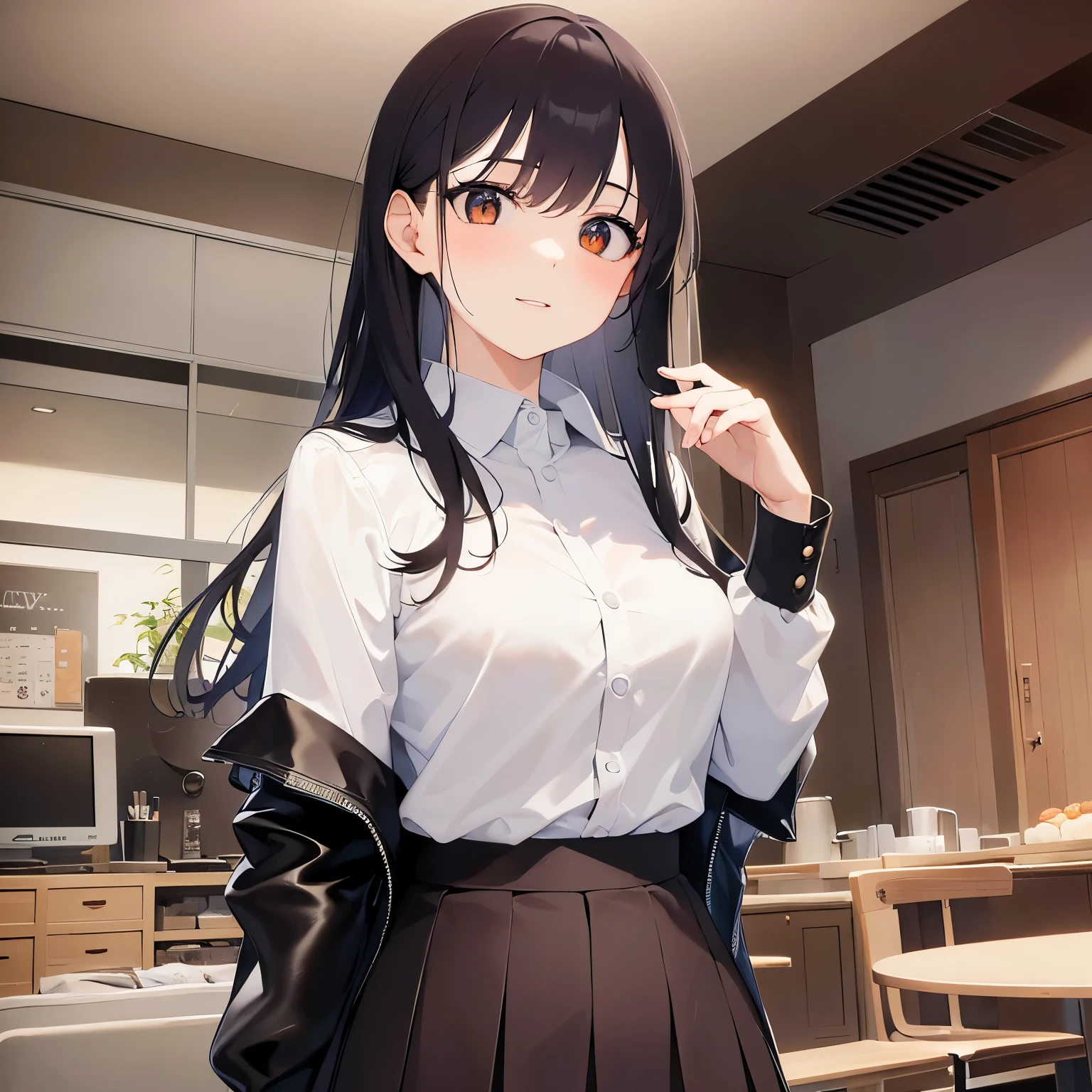 Holding a plate of donuts, Upper Body, Realistic, real person, (pale skin: 1.2), RAW photo, photorealistic, shiny skin, shiny hair、(15 year old female with bangs) and (ponytail) and (brown hair) and (orange eyes) , High 、(white) and (Collared shirt:1.2) and (Pleated skirt)、smile, The background is the living room、Alone、Are standing