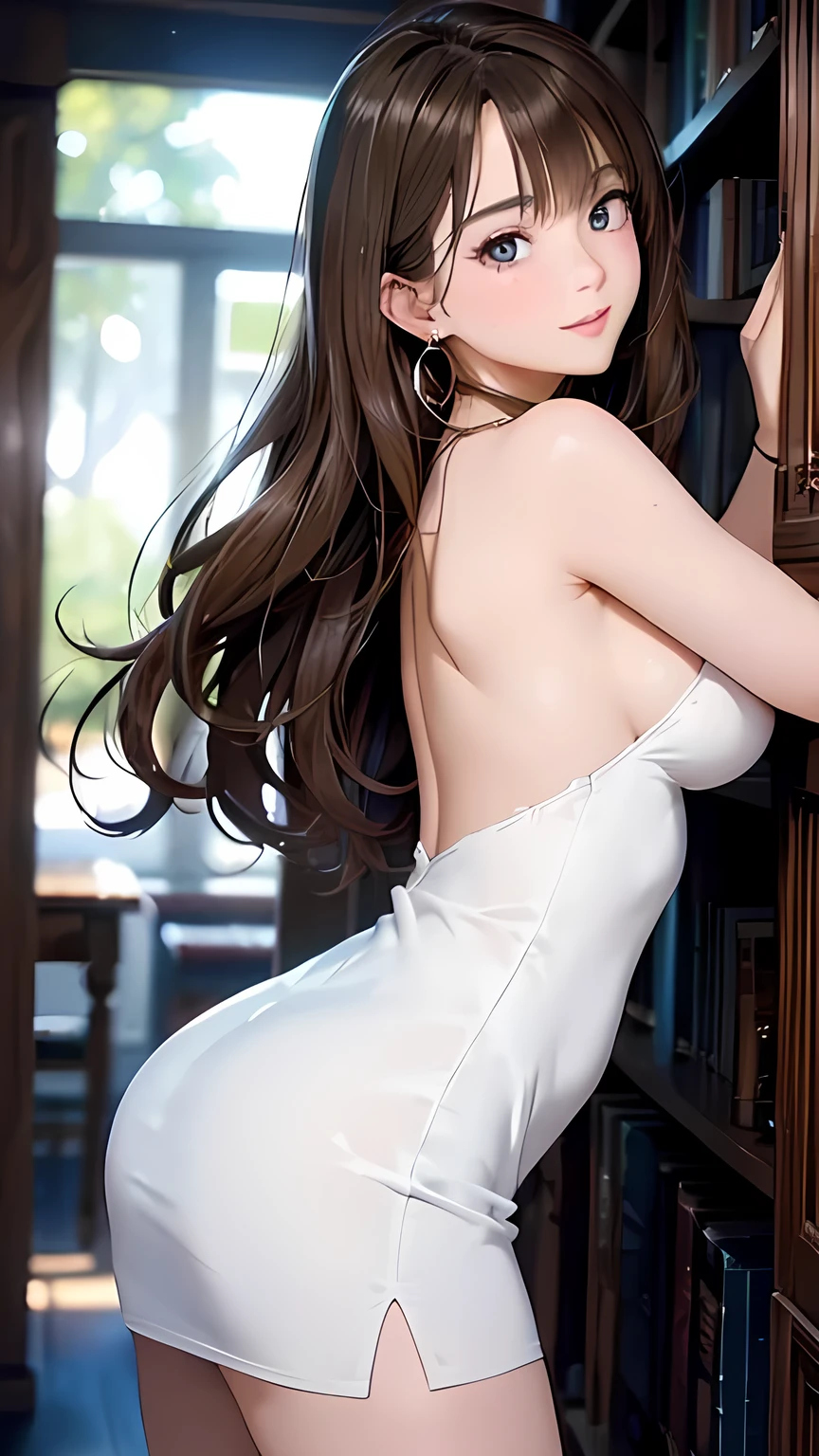 maximum resolution, ultra high definition, (delicate eyes and skin), (detailed facial features), sharp focus, cute face, perfect body, anatomically correct, Highly detailed face and skin texture, dark blue eyes, double eyelid, thin eyebrows, shiny skin, white skin, sparkly necklace and earrings, glossy lips, Very cute high school girl, smile, long wavy hair, light brown hair, library, from the side, low angle shot, mini dress, large breasts, thigh highs