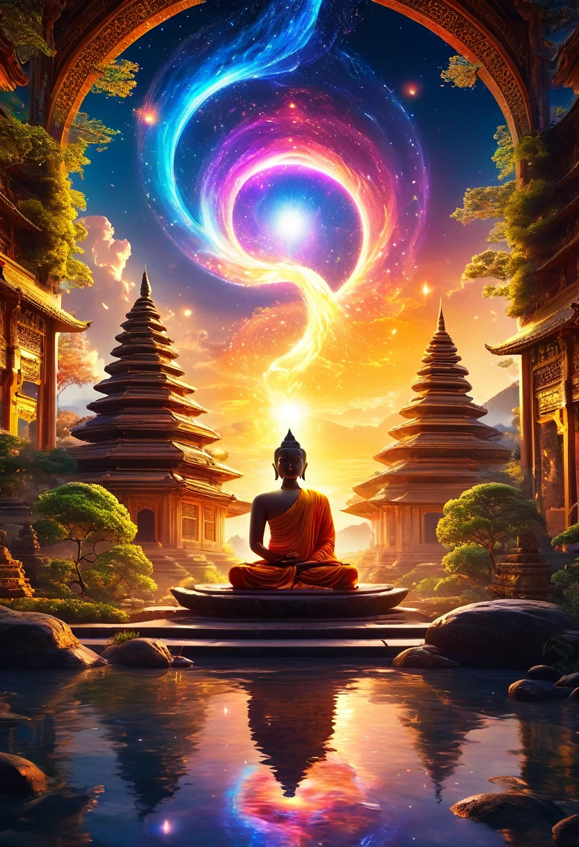 8K Ultra HD has high details and is extremely realistic.,((Close up)), expansive landscape photograph , (((พระสงฆ์ในพระพุทธศาสนาmeditateใต้ร่มเงาของต้นไม้โบราณในสวนที่เงียบสงบ,))),lookไปข้างหน้า, (((meditateขัดสมาธิ))), at the center,The color is very bright., light particles, glowing, meditation, meditationแบบเซน, Buddhist Monge, meditate, transmigration, On the path to enlightenment, spiritual light, ท่าmeditate, สวดมนต์meditate, look, On the path to enlightenment, bright, stillness, Mshift, wallpaper art, UHD wallpaper, intricate details, volumetric lighting, realism BREAK (masterpiece:1.2), (best quality), 4k, ultra-detailed, (dynamic composition:1.4), highly detailed, colorful details,