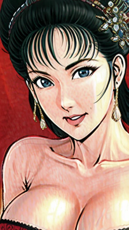 (best quality), (very aesthetic), (ultra-detailed), (best illustration),NSFW,a mature female,Perfect Face,Suikoden,Mrs. Lin,(full_body),big breast,red cheek,Sweating,skinny, chinese traditional lingerie,chinese traditional style bed,Looking down