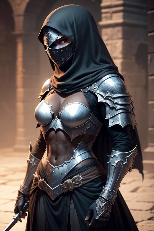 Estilo Dark Souls 3, Mujer musulmana, piel oscura, stunted, pose de batalla, armadura, abdominales marcados, musculosa, casco, mascara, enfoque completo, Kawaii, lucha contra un monstruo 