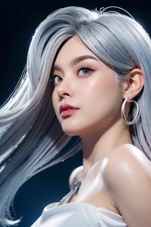 silver hair, heart-shaped pupils, hoop earrings, embarrassed, Op art, stereogram, optical illusion, partially underwater shot, close-up, bokeh, UHD, masterpiece, ccurate, highres
