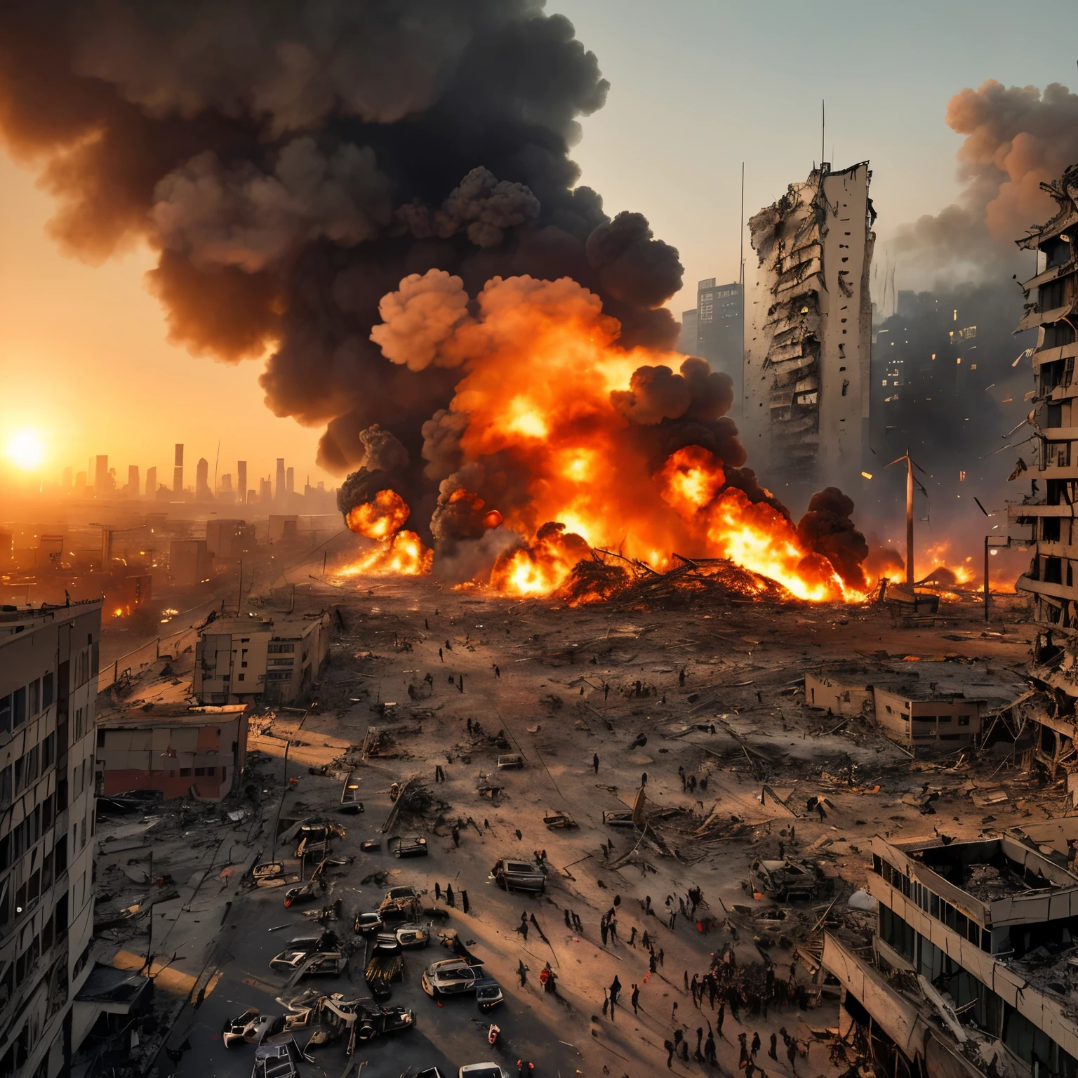 above the scene, their rotor blades chopping through the smoky air as they prepare to drop emergency supplies or engage in aerial support against the terrorists.

Background: The sun sets in the background, casting long shadows across the chaotic scene, adding to the sense of urgency and panic as the terrorist attack unfolds.

Composition: The chaos of the city street is captured in intricate detail, from the broken glass and twisted metal debris to the terrified expressions on the faces of the civilians. The composition is masterfully balanced between the chaos of the explosion site and the desperate attempts of people to escape, creating a sense of tension and suspense.

High-quality Wallpaper: This intr