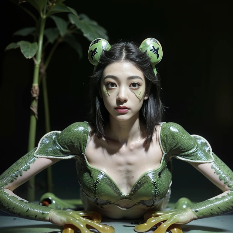 The upper body of a transcendentally beautiful young woman(A hybrid creature with the lower body of a frog:1.7)、Squats with wide legs open、Full Body Portrait、grotesque、Dark fantasy、Sticky、