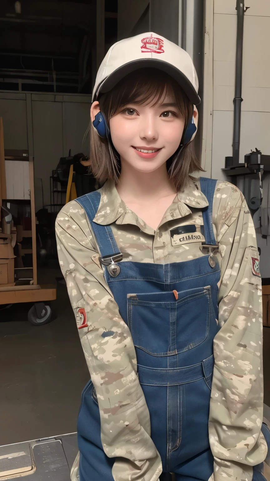 big eyes, huge shy smile , highest quality, ((Professional photos, RAW Photos)), Insanely Real, Very delicate and beautiful, Ultra-high resolution, Realistic lighting and shading, (A realistic image of a very cute female aircraft mechanic, alone), wide々Inside the aircraft hangar, A World War II-era monoplane fighter can be seen in the background.., Aircraft parts scattered on the floor, Maintenance Tools, She is in charge of aircraft maintenance.., (Wearing a long-sleeved mechanic coverall with a military camouflage pattern), (Wear heavy duty mechanic gloves), (Wear a headset), Her hair will be tied up later, Very professional mechanics, Mysterious Smile, ((Very beautiful eyes and face)), (Amazingly beautiful, Natural skin texture), Accurate Eyes, Accurate needle, Overall well-balanced body, ((, Short Hair:1.3, Cute type, slim, Slim body:1.2, Baseball Hats)), , viewer's perspective , random cute pose , paw pose