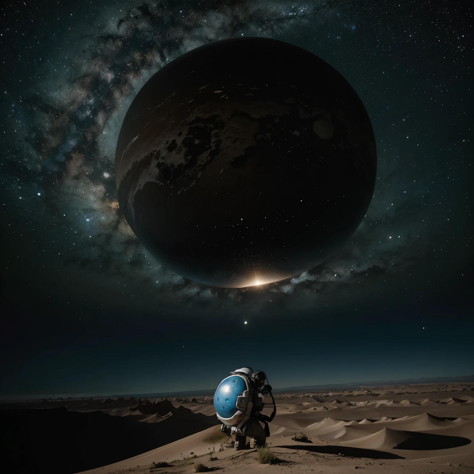 Un ser observando desde la lejania varios planetas tierras dentro de unas burbujas dispersas por todo la inmensidad de un espacio obscuro