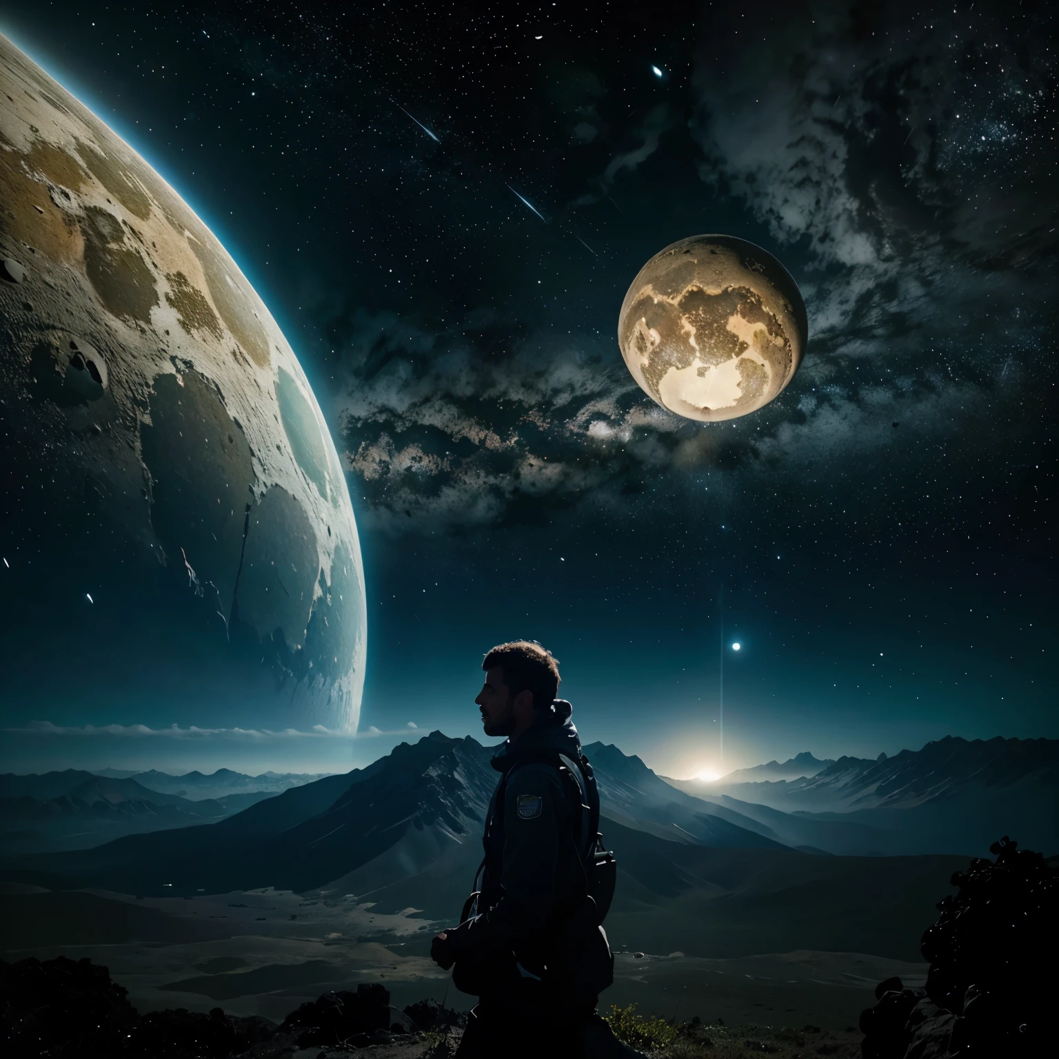 Un ser observando desde la lejania varios planetas tierras dentro de unas burbujas dispersas por todo la inmensidad de un espacio obscuro