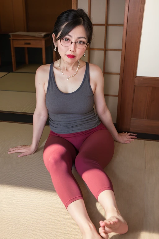 ((Japanese Mature)), ((55 years old:1.4)), ((old woman:1.3)), (((Small breasts))), 8k, Beautiful breasts, Saggy breasts, Soft Breasts, Attractive breasts, Detailed eyes and face, Long eyelashes, Beautiful Lips, (((Red lipstick))), There are fine wrinkles, Hollow Eyes, Beautiful Skin, The body is slim, Beautiful body, Sweaty skin, Hollow Gaze, Sensual World, See-through, Tank top, leggings, Pearl Necklace, Pearl Earrings, Pale pink cheeks, ((Glasses)). Old house, tatami, High quality photos, Bokeh effect, Delicate depiction, ((Full body emphasis)), Open your mouth, Low Ponytail,  Gloss, sexy