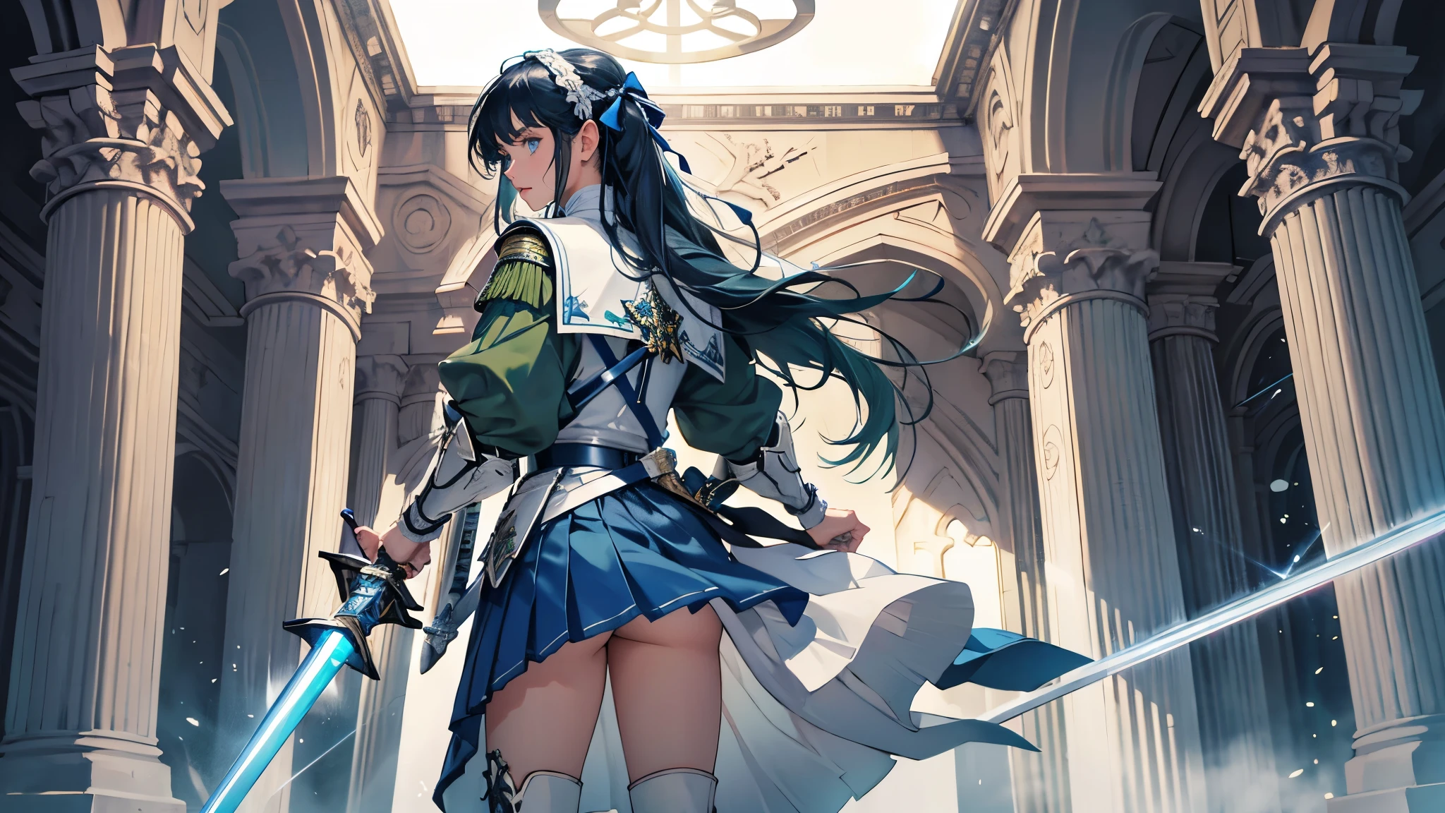 masterpiece, ultra detailed, 8k portrait, RAW photo, portrait photography, highly detailed face, beautiful and meticulous eyes, dark blue hair, long hair, blue eyes, white hair ribbon, green military uniform, green pleats mini skirt, white chest armor, white tights, half boots, , standing, (equip a beam sword:1.5), by the old castle, in mid night, from behind