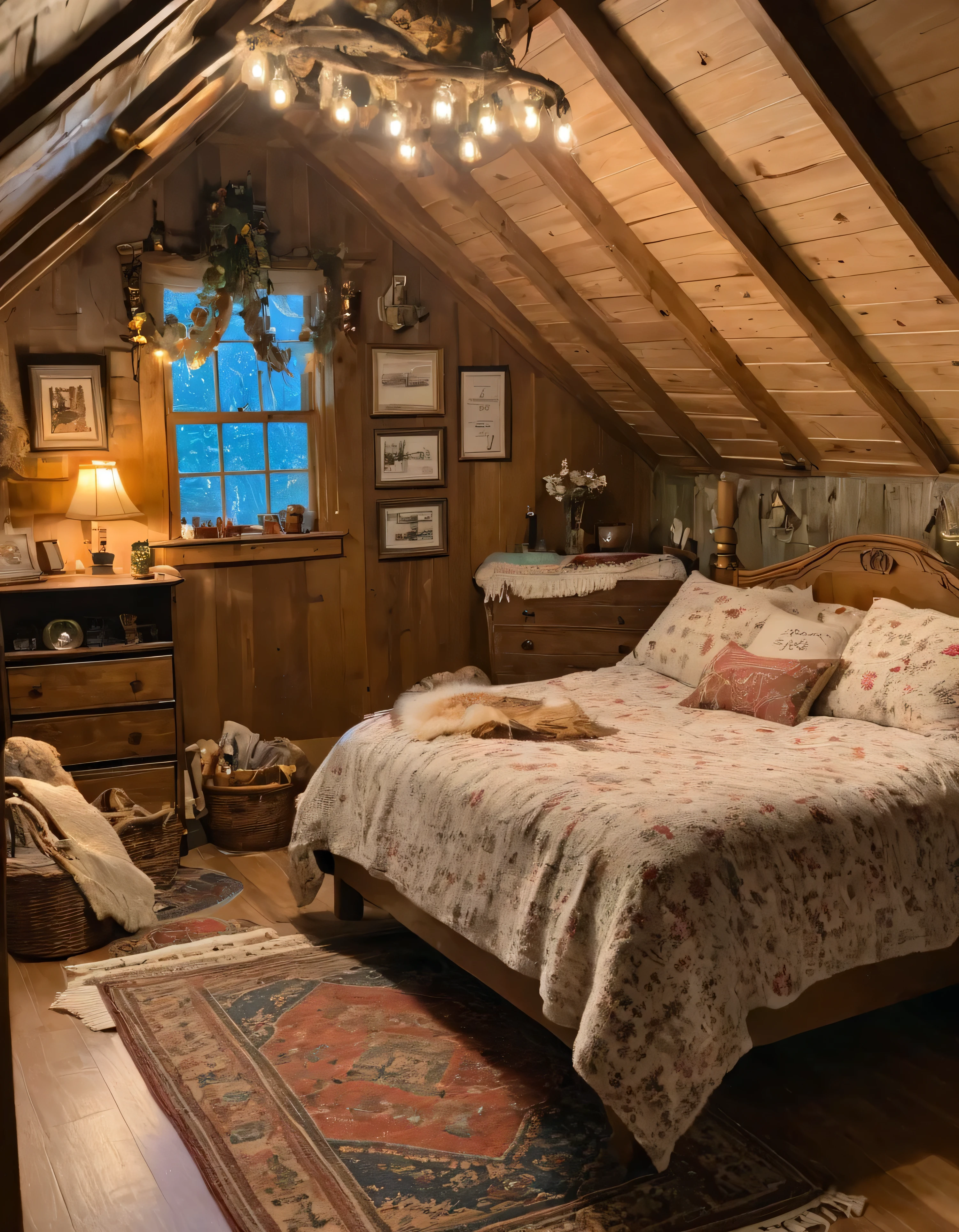 arafed bedroom with a bed and a rug in a small room, cozy room, cozy treehouse bedroom, small bedroom, cozy place, cozy bed, cottagecore hippie, thomas kinkade. cute cozy room, in an attic, cottagecore, cozy and peaceful atmosphere, pleasant cozy atmosphere, cottagecore!!, cabin in the woods