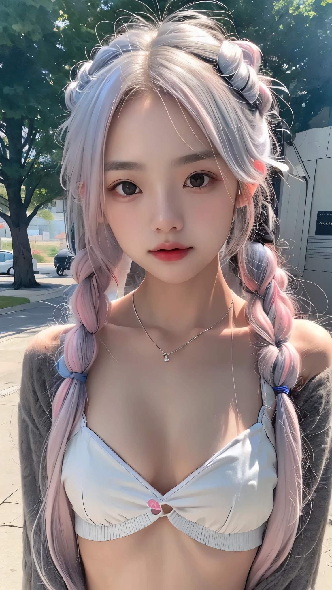 ((upper body)), 1girll,Light shines on the face, rosy lips, topknot, glowing eyes, hair bun, Surrealism, close-up, Sony FE GM, polar opposites, symmetry, UHD, masterpiece, super detail, high details, highres,pink silver hair,Small breasts,Are thin,A famous Korean idol singer with a rich voice,A famous Korean idol and beautiful dancer with advanced athletic ability,Eyes are narrow eyes,bright personality,The belly button and the surrounding area are exposed,Close-up from the waist up,The belly button and the surrounding area are exposed,hour々Prostitute,Part-time student,