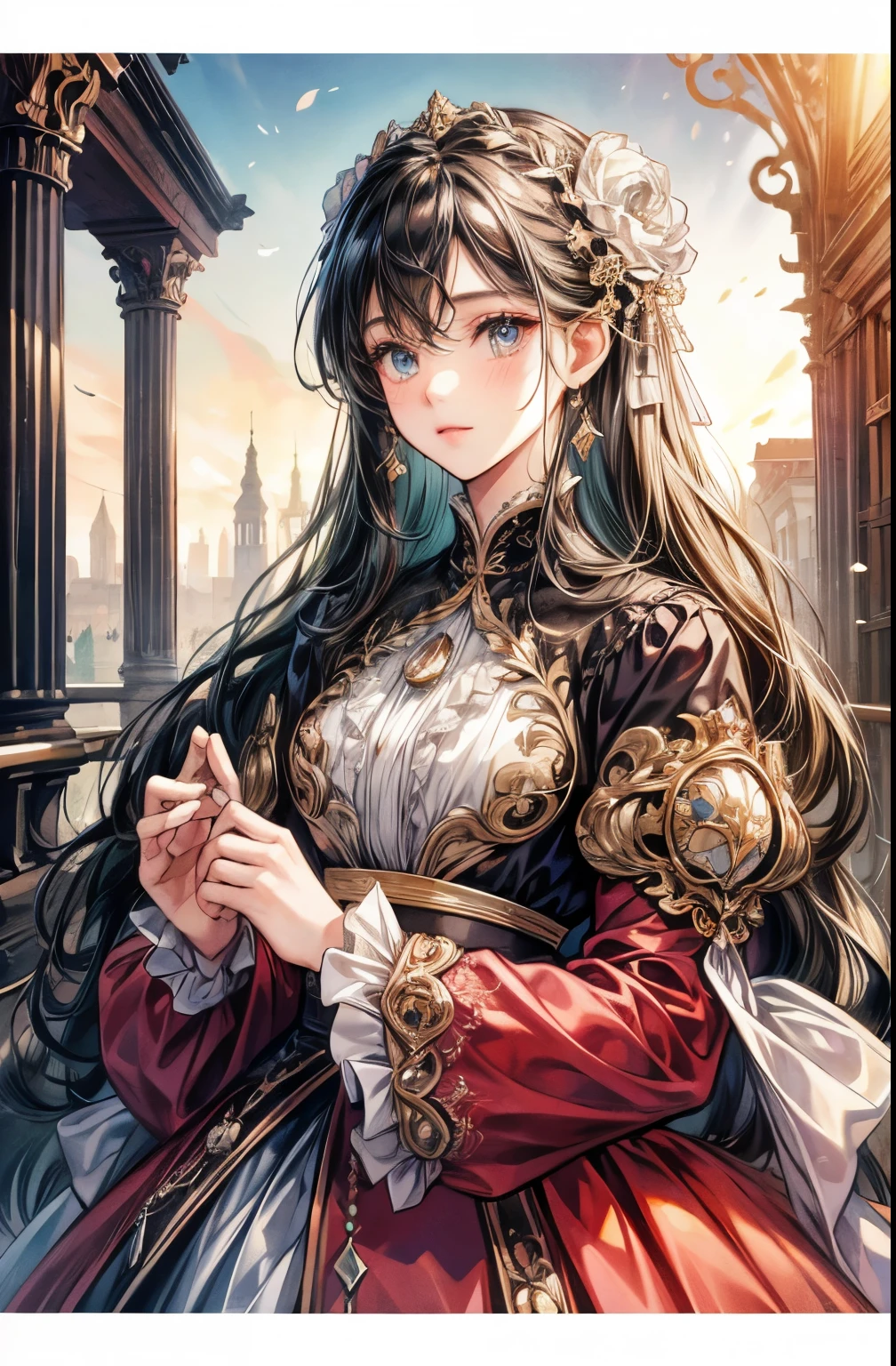 (absurd, high resolution, Super detailed), 1 Girl, Solitary, Baroque, Long skirt, Long sleeve, elegant, rich and colorful, The most detailed, Upper Body