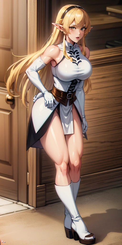 masterpiece, best quality, high quality, white SKIN elf, long hair, white hair, yellow eyes, full body, def_effie, blue breastplate, white skin, looking at viewer, shiny, armor, thigh highs, high boots, shoulder armor, faulds, poleyn, gloves, gauntlets