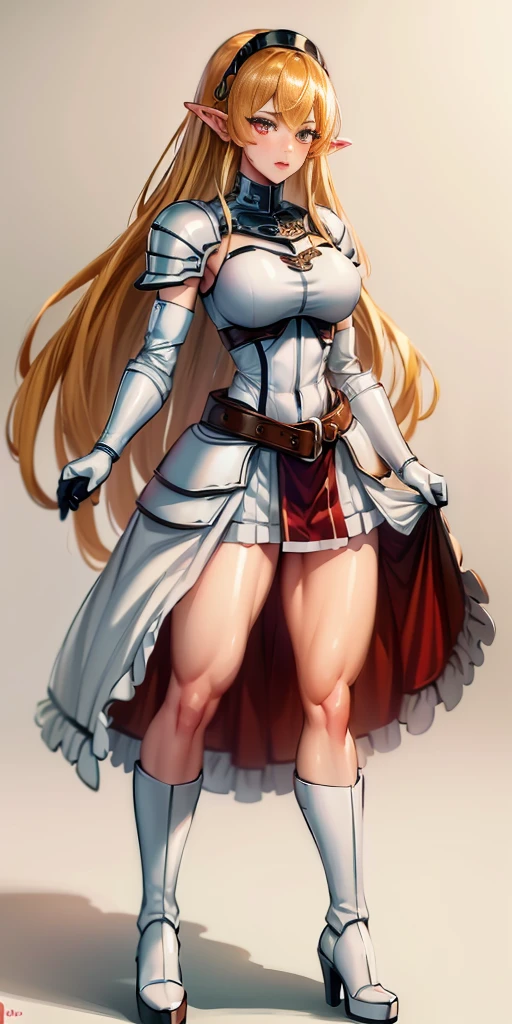 masterpiece, best quality, high quality, white SKIN elf, long hair, white hair, yellow eyes, full body, def_effie, blue breastplate, white skin, looking at viewer, shiny, armor, thigh highs, high boots, shoulder armor, faulds, poleyn, gloves, gauntlets