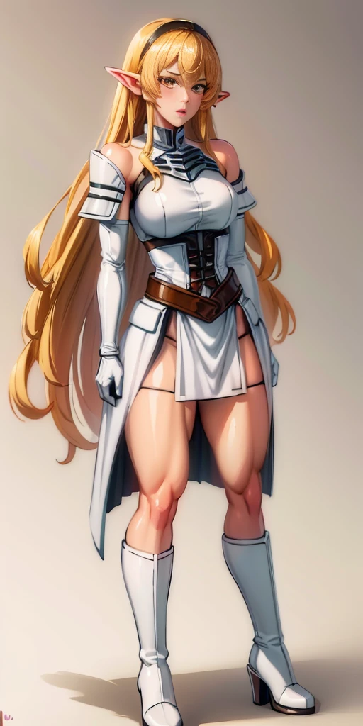 masterpiece, best quality, high quality, white SKIN elf, long hair, white hair, yellow eyes, full body, def_effie, blue breastplate, white skin, looking at viewer, shiny, armor, thigh highs, high boots, shoulder armor, faulds, poleyn, gloves, gauntlets