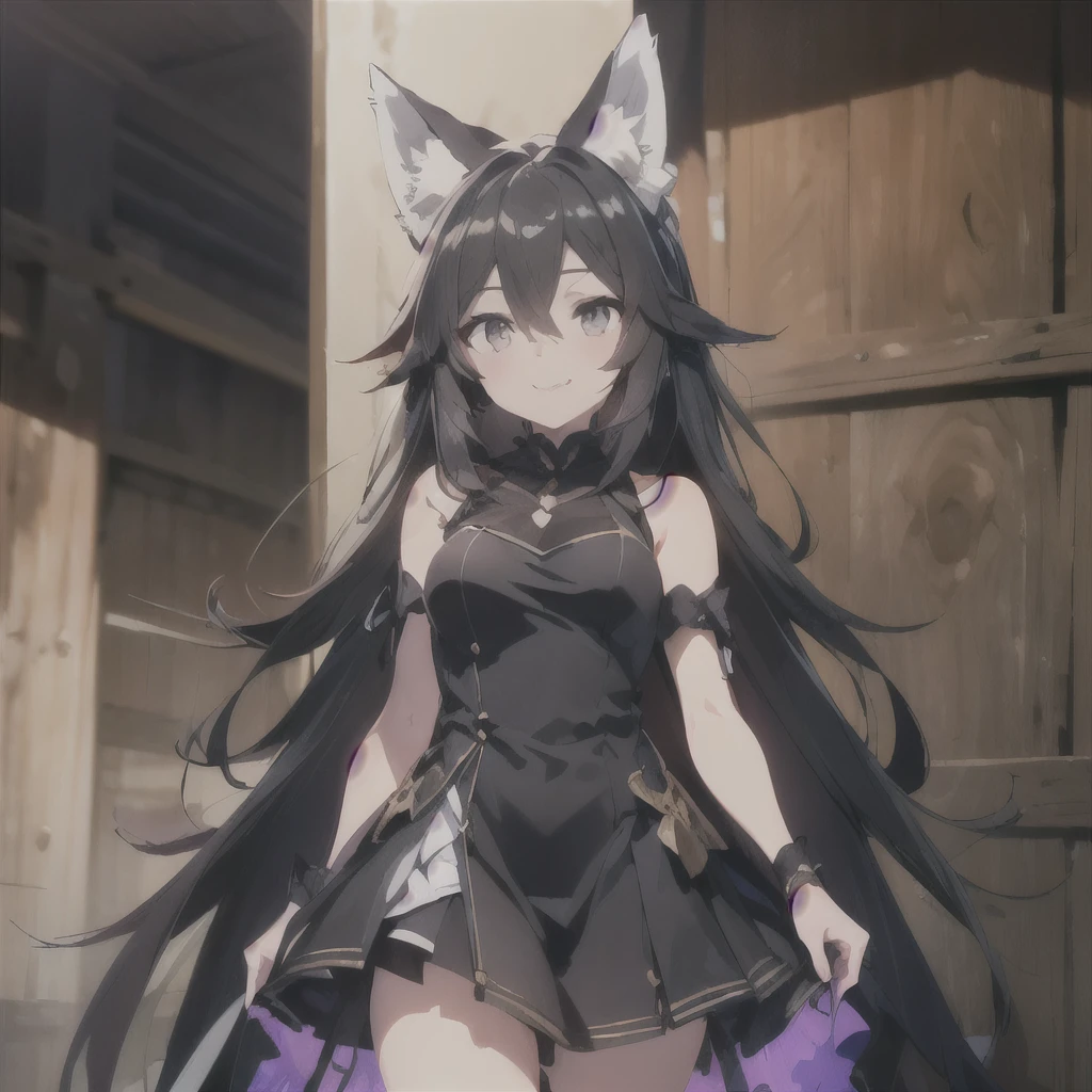 (Fangs: 1.2) Gray and black hair,Grey eyes,(RAW photo, best quality),masterpiece,2k wallpaper,Amazing,finely detail,extremely detailed CG unity 8k wallpaper,huge filesize,ultra-detailed,dress,girl,animal ears,solo,fox ears,hair between eyes,smile,thigh,whole body,standing,