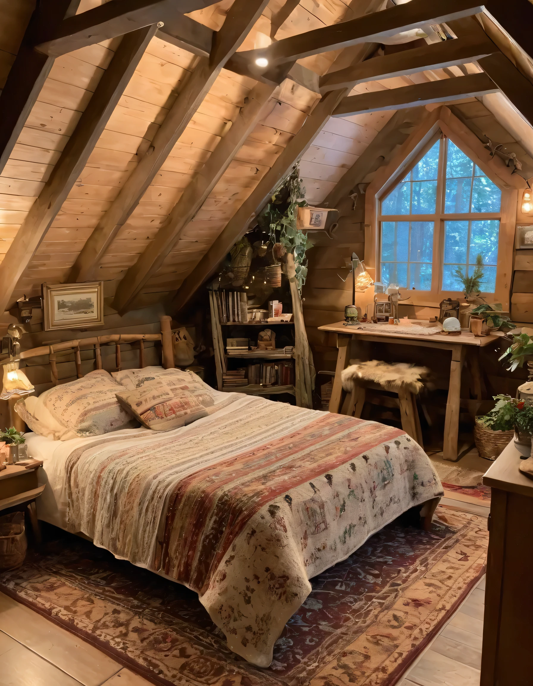 arafed bedroom with a bed and a rug in a small room, cozy room, cozy treehouse bedroom, small bedroom, cozy place, cozy bed, cottagecore hippie, thomas kinkade. cute cozy room, in an attic, cottagecore, cozy and peaceful atmosphere, pleasant cozy atmosphere, cottagecore!!, cabin in the woods