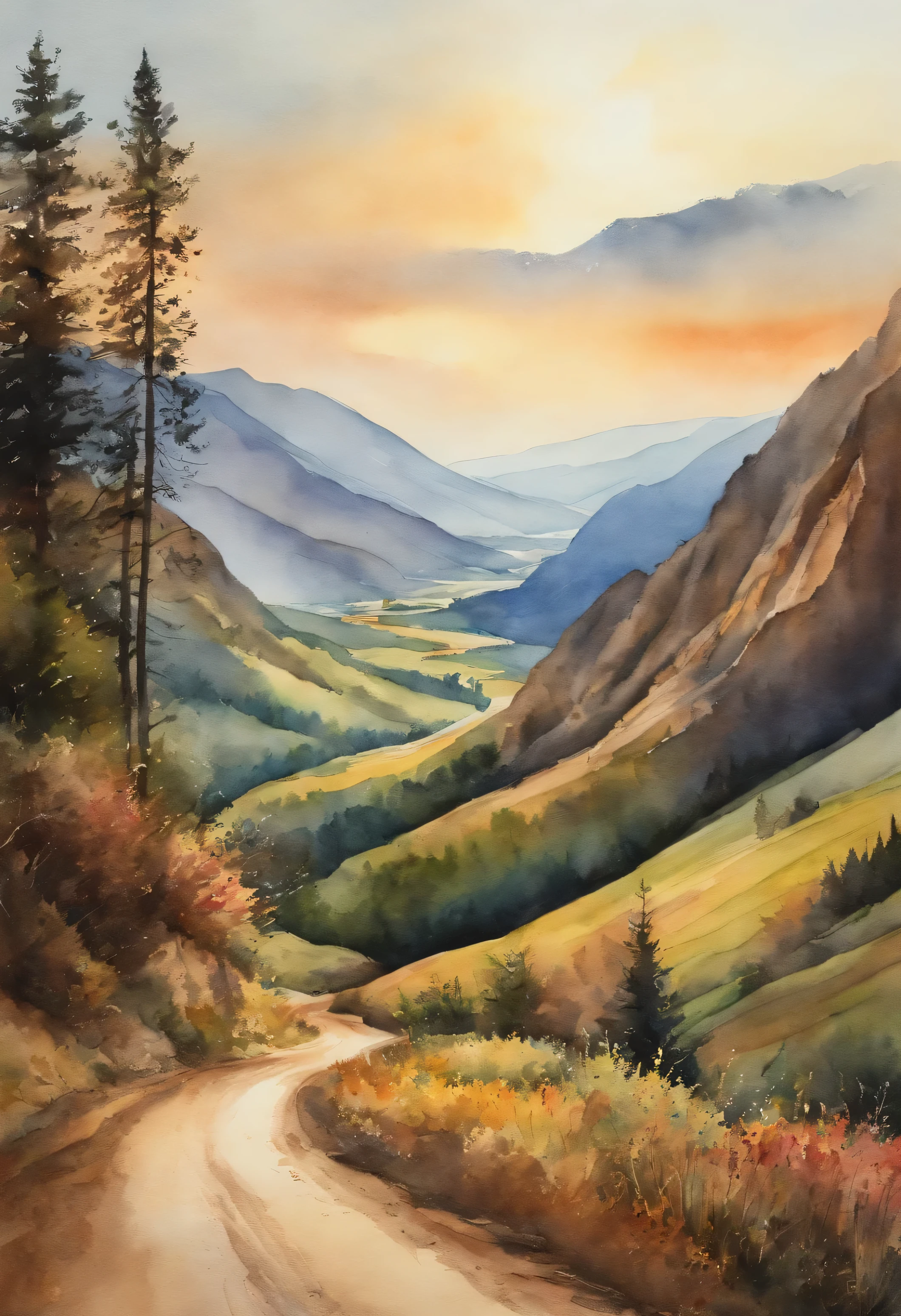 Watercolor drawing of a landscape with a road that goes away and disappears on the horizon in the mountains