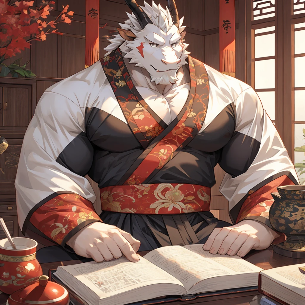 (white eastern dragon),furry,fuii body shot,white mustache,big pecs,hearty males,artbook,muscular,black Hanfu,holding_stylus,sitting_on_desk,adult,traditional_chinese_room