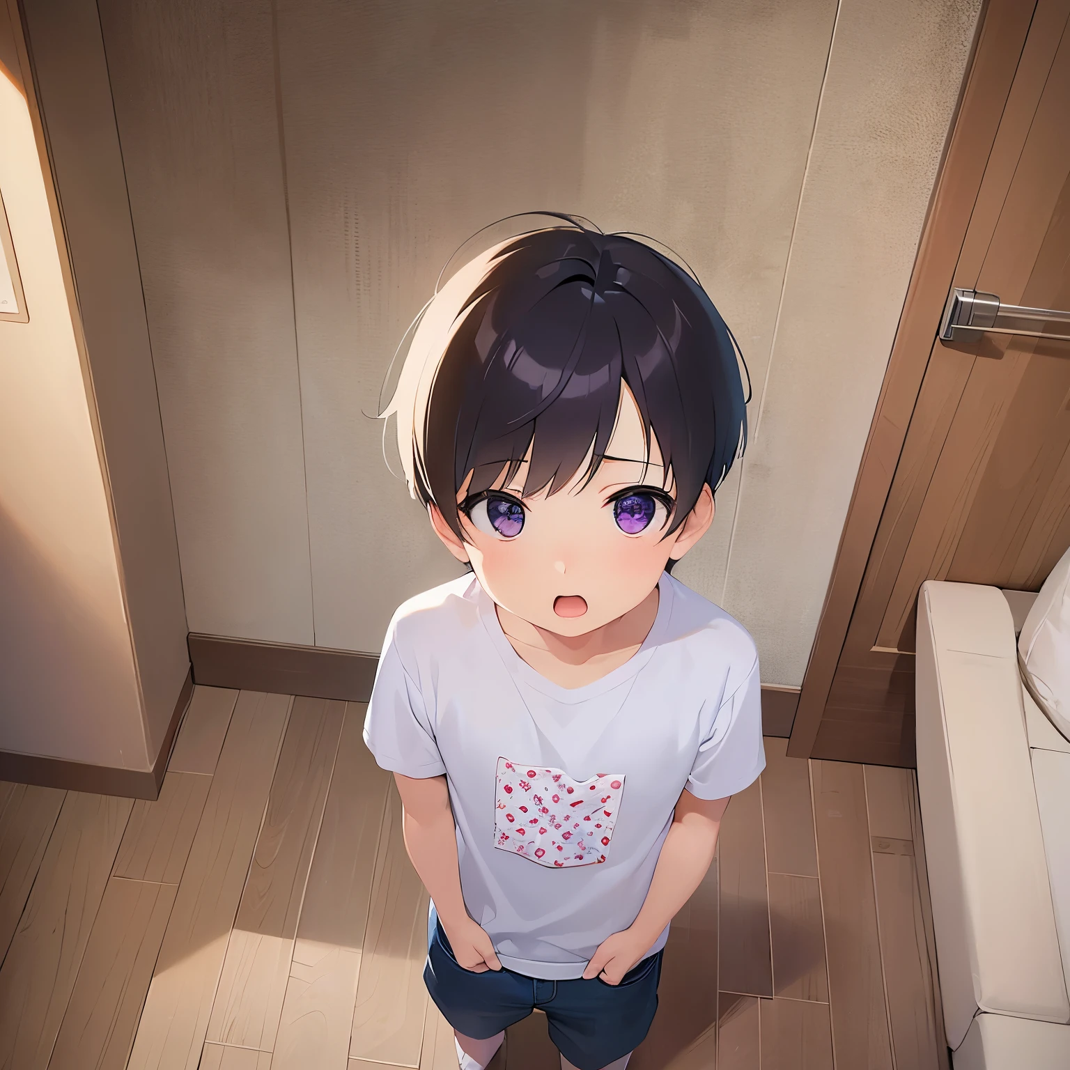 Shooting from above、looking up, 、masterpiece、highest quality、 (Short hair with brown bangs) and (Purple eyes) and (5 year old boy:1.5)、Boy, (white) and (T-Shirts)、confused、open mouth, Are standing、The background is the living room、The upper body is shown、Alone、