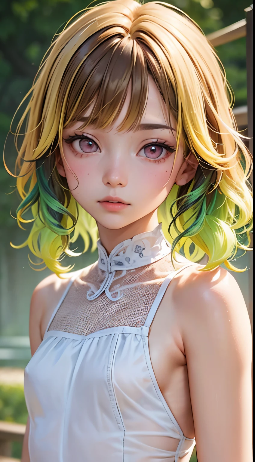 Anime girl with green hair and yellow wig posing for a picture - SeaArt AI