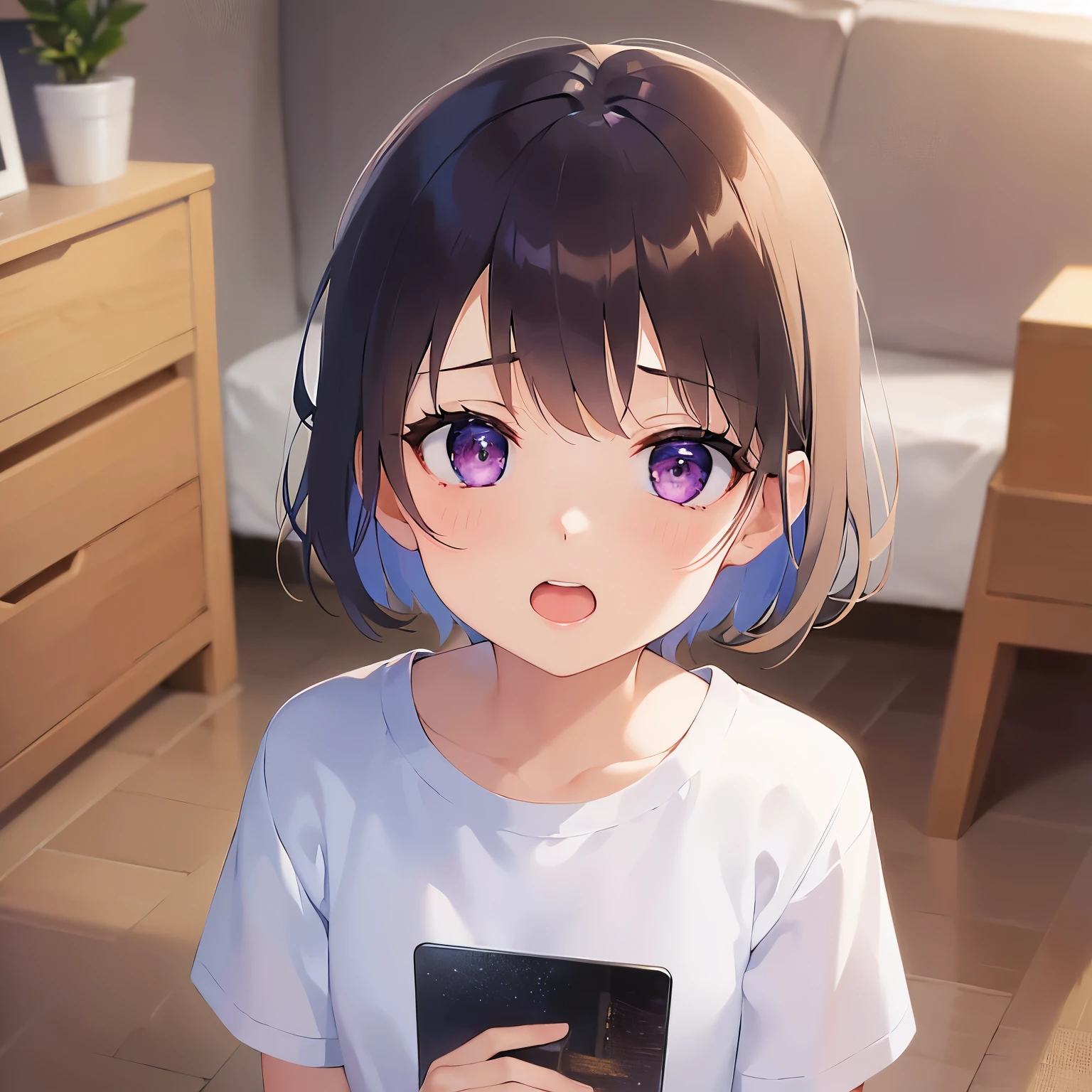 Shooting from above、looking up, 、masterpiece、highest quality、 (Short hair with brown bangs) and (Purple eyes) and (5 year old boy:1.5)、Boy, (white) and (T-Shirts)、confused、open mouth, Are standing、The background is the living room、The upper body is shown、Alone、
