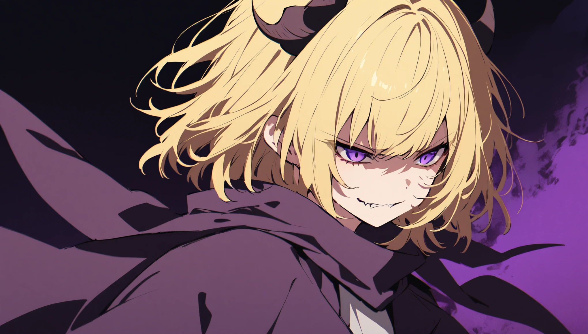 girl,cool, 1 person, Dark atmosphere, Blue-violet background, A tired face, Blonde, Demon King, Evil smile, From afar