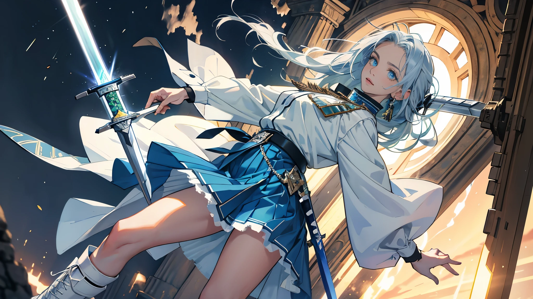 masterpiece, ultra detailed, 8k portrait, RAW photo, portrait photography, highly detailed face, beautiful and meticulous eyes, dark blue hair, long hair, blue eyes, white hair ribbon, green military uniform, green pleats mini skirt, white chest armor, white tights, half boots, spread legs, standing, (equip a beam sword:1.5), by the old castle, in mid night, from behind