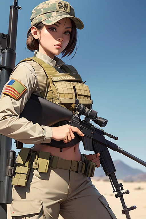 a woman in a white outfit holding a rifle and wearing headphones, 24-year-old woman, Filipino woman, tan bronze skin, soldier girl, mechanized soldier girl, military girl, beautiful female soldier, female lead character, infantry girl, of a sniper girl in war, solo female character, future combat gear, close up half body shot, Women in crop top military bulletproof vest, ((showing navel)), exposed abdomen area, quiet from metal gear solid v, wearing tactical gear, dressed in tactical armor, (((aiming rifle))), badass 