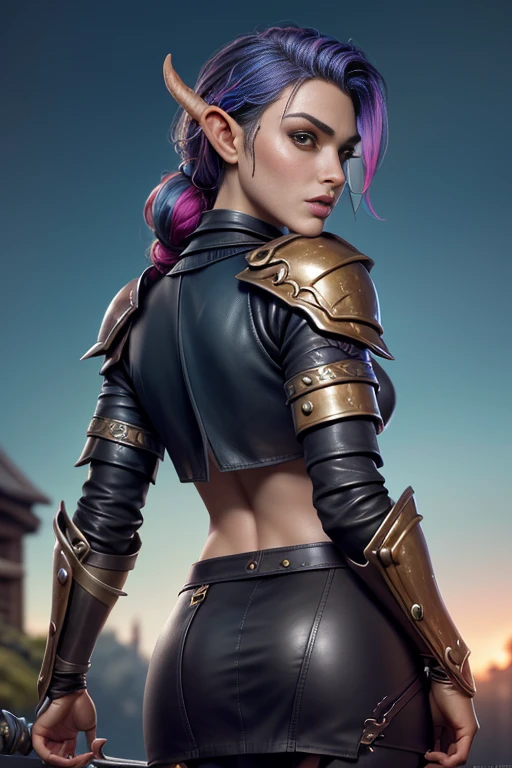 photo of celebrity, RAW, beautiful woman, ((portrait)), ((detailed face, colorful rainbow hair:1.2)), ((detailed facial feature, detailed skin, clear skin, parted lips), (perfect proportioned body, medium breasts), (wearing leather Warcraft leather armor, leather warrior skirt, sky blue leather: 1.5)), (high detailed garden environment, her back to us, backview, ass, Turn Back, Back shot: 1.3), (realistic photo, best quality, detailed), (8k wallpaper), (cinematic lighting, dramatic lighting) (sharp focus, intricate)