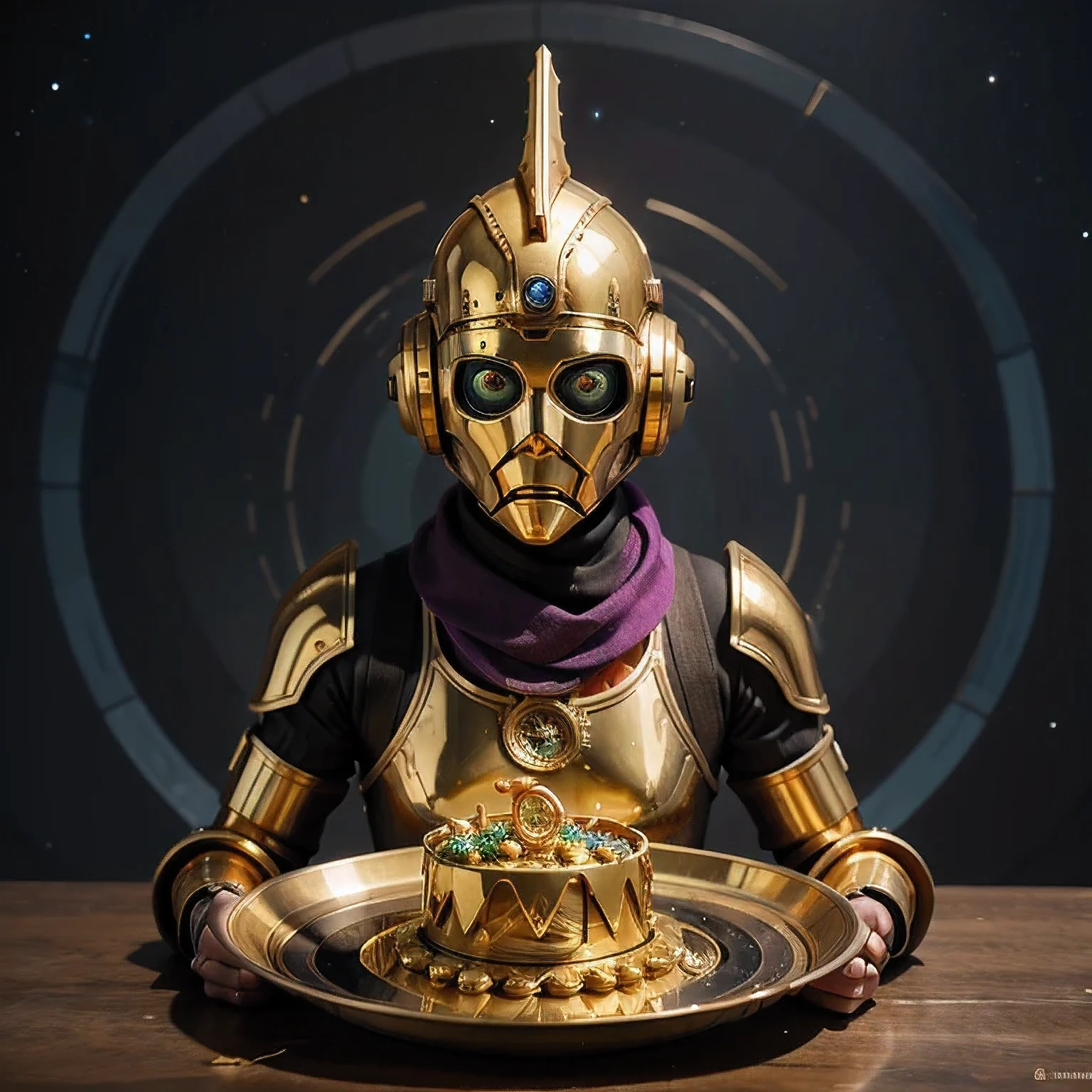 there is a gold robot with a big hat on top of a rock, small character. unreal engine 5, highly detailed textured 8 k, highly detailed textured 8k, rendered in redshift, super highly detailed, super detailed render, created in unreal engine 5, made in unreal engine 5, rendered in unreal engine 5, hyperdetailed fantasy character, sci-fi highly detailed，a close up of a toy figure of a robot with a scarf, c3po, gold sci - fi armour, the golden humanoid robot, the golden cat armor knight, sofubi, goblin, heavy gold obsidian armor, gold obsidian armor, super highly detailed, masterpiece fine details, full body close-up shot, 2023 4k，Seabed ice sheet background（（（Idol stage））），detailed armor, ornate headdress, samurai helmet（（（Dynamic rotating concentric circles）））（Dynamic rotation of concentric circles）Mandala is the result of the long journey of creating concentric circles of liquid color, there is a glass bowl with a green and purple swirl inside, simulacrum of a space fungus, alien flower, distant nebula are glowing algae, inspired by Otto Piene, inspired by Earnst Haeckel, top down extraterrestial view, covered with ferrofluid. dslr, translucent algae ornate, the eye of the universe, anatomical fractal，which interact through transparency, refraction, reflection, and collision. The ultimate goal is to showcase unique, detailed, and aesthetically pleasing images that capture the audience's attention through their initial visual impact and stunning details in liquid interactions，there is a cake with a red and yellow center on a blue plate, inspired by Otto Piene, victor antonov, culinary art photography, inspired by Graham Sutherland, colorful ferrofluid armor, inspired by Anish Kapoor, alexandra fomina, david kassan, by Jan Rustem, rudolf is hired, sergey krasovskiy, kai vermehr