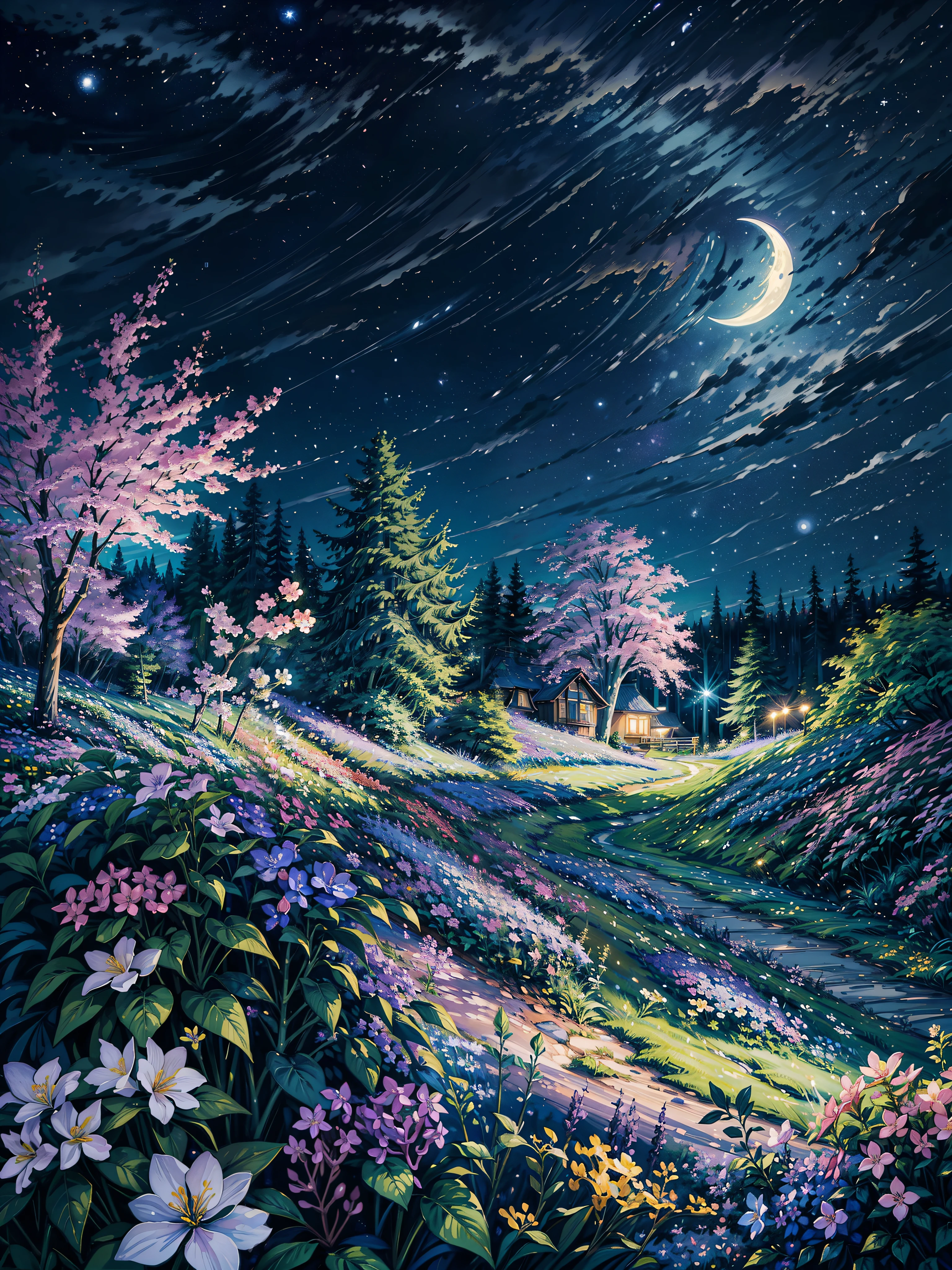 a painting of a night sky with a half moon, night sky full of flowers, lilac bushes, moonlight shining on wildflowers, detailed gouache paintings, stary night painting, trees and flowers, lush trees and flowers, field of flowers at night, realistic flowers oil painting, floral splash painting, cotton candy bushes, flowers and trees, luminescent oil painting