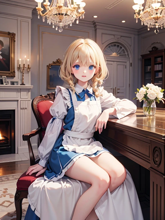 (8k, highest quality, Tabletop:1.2)、Ultra-high resolution、Alice in Wonderland, One 12-year-old girl, Detailed face、blue eyes, Blonde, Braid, Blue Dress, White apron, Clothes with bulging sleeves, Long skirt, room with fireplace, chandelier, Sit on a chair, I read a book