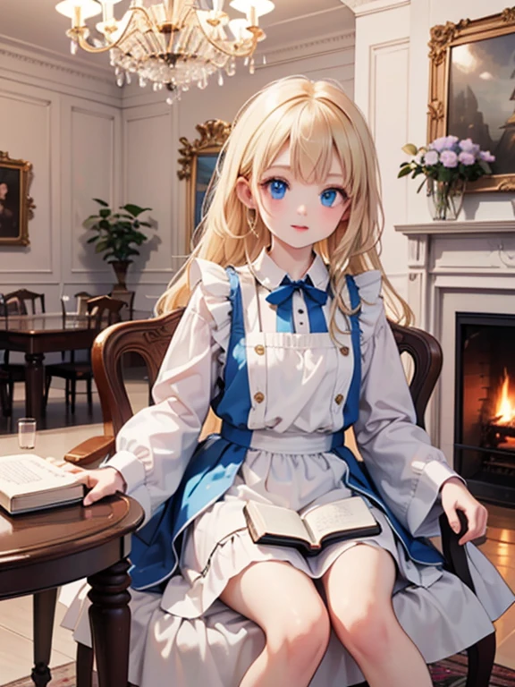 (8k, highest quality, Tabletop:1.2)、Ultra-high resolution、Alice in Wonderland, One ****************, Detailed face、blue eyes, Blonde, Braid, Blue Dress, White apron, Clothes with bulging sleeves, Long skirt, room with fireplace, chandelier, Sit on a chair, I read a book