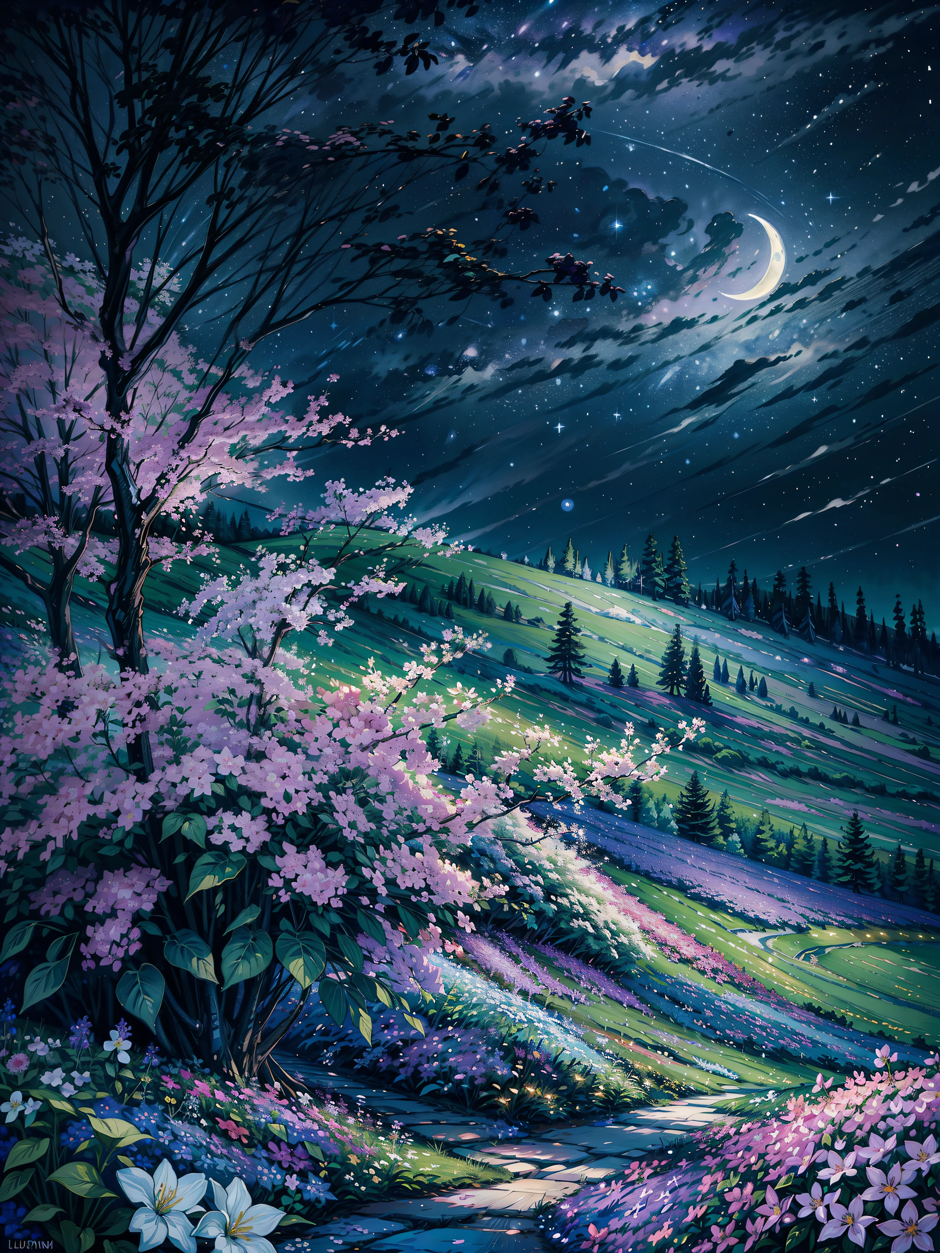 a painting of a night sky with a half moon, night sky full of flowers, lilac bushes, moonlight shining on wildflowers, detailed gouache paintings, stary night painting, trees and flowers, lush trees and flowers, field of flowers at night, realistic flowers oil painting, floral splash painting, cotton candy bushes, flowers and trees, luminescent oil painting
