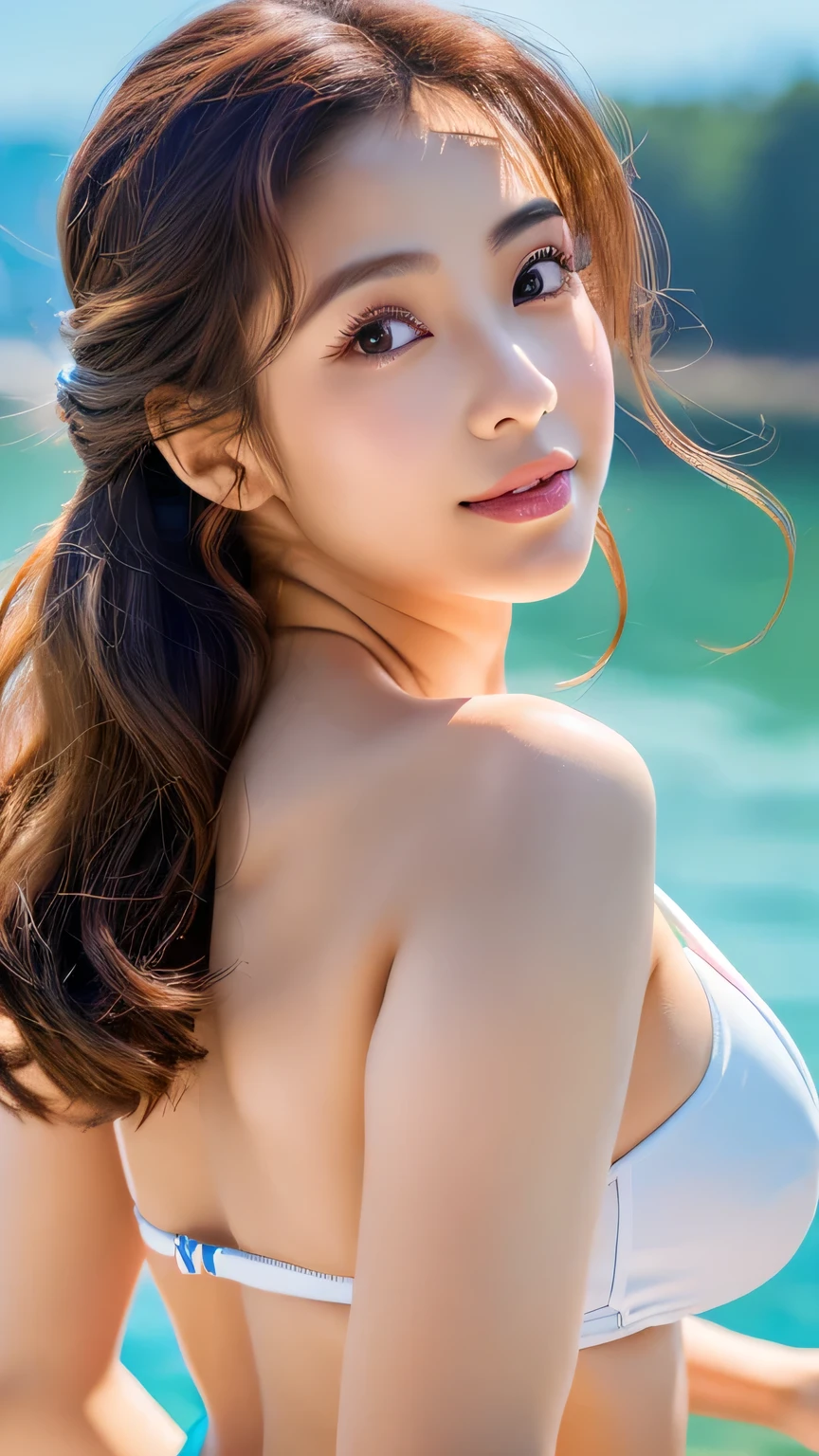 (masterpiece:1.3), (8k, Realistic, RAW Photos, Best image quality: 1.4), Very cute idols of Japan、(Random Hairstyles:1.2)、Very small breasts:1.2、Very detailedな顔、Attention to detail、double eyelid、Sharp focus:1.2、Beautiful woman:1.4、Light brown hair、highest quality、masterpiece、超A high resolution、(Realistic:1.4)、Very detailed、Professionally lit face、Tight Bikini、Shoulder out、Natural Makeup、Plump、Dimples、(((Seaside,Jumping,))),