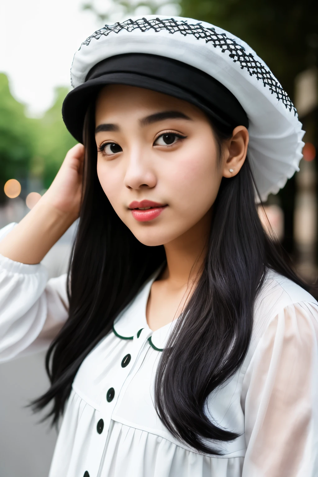 RAW photo, (closeup:1.2), portrait photo of teen korean-pakistani woman, ((black beret hat, white lolita dress)), japanese street, standing, ((slim)), 8k uhd, high quality, film grain, Fujifilm XT3