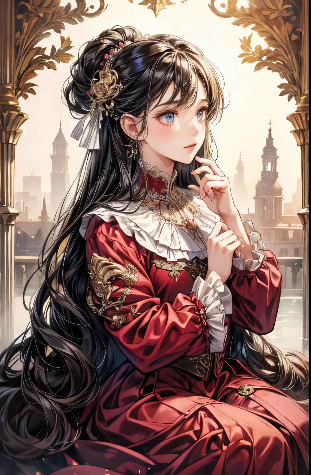 (absurd, high resolution, Super detailed), 1 Girl, Solitary,  Baroque, Long skirt, Long sleeve, elegant, rich and colorful, The most detailed, Upper Body