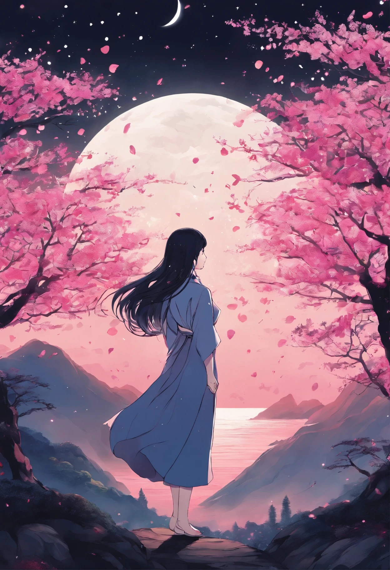 Masterpiece, Best quality, Night, Mountain, full moon, Long black hair, woman, Firefly, stars, Mysterious cherry blossom trees, Pink leaves, High quality, Beautiful graphics, High detail