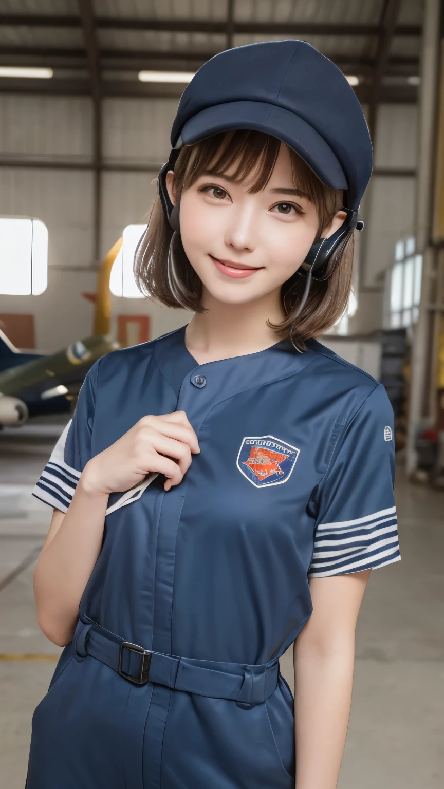 big eyes, huge shy smile , highest quality, ((Professional photos, RAW Photos)), Insanely Real, Very delicate and beautiful, Ultra-high resolution, Realistic lighting and shading, (A realistic image of a very cute female aircraft mechanic, alone), wide々Inside the aircraft hangar, A World War II-era monoplane fighter can be seen in the background.., Aircraft parts scattered on the floor, Maintenance Tools, She is in charge of aircraft maintenance.., (Wearing a long-sleeved mechanic coverall with a military camouflage pattern), (Wear heavy duty mechanic gloves), (Wear a headset), Her hair will be tied up later, Very professional mechanics, Mysterious Smile, ((Very beautiful eyes and face)), (Amazingly beautiful, Natural skin texture), Accurate Eyes, Accurate needle, Overall well-balanced body, ((15-year-old girl, Short Hair:1.3, Cute type, slim, Slim body:1.2, Baseball Hats)), , viewer's perspective , random cute pose , paw pose